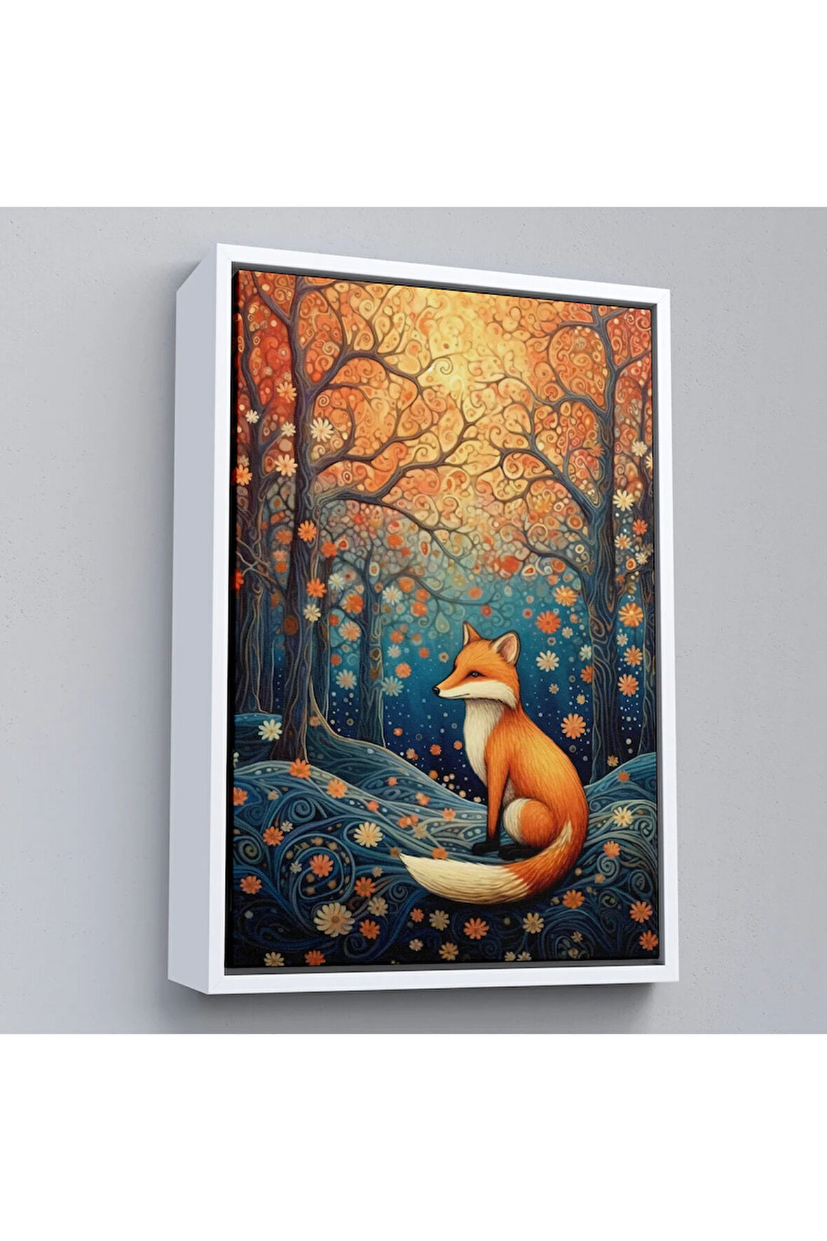 Ahşap Çerçeveli Soyut Ormandaki Sarı Tilki Tablosu-7527