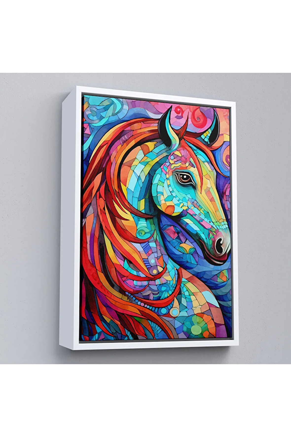 Ahşap Çerçeveli Renkli Soyut At Tablosu-7528
