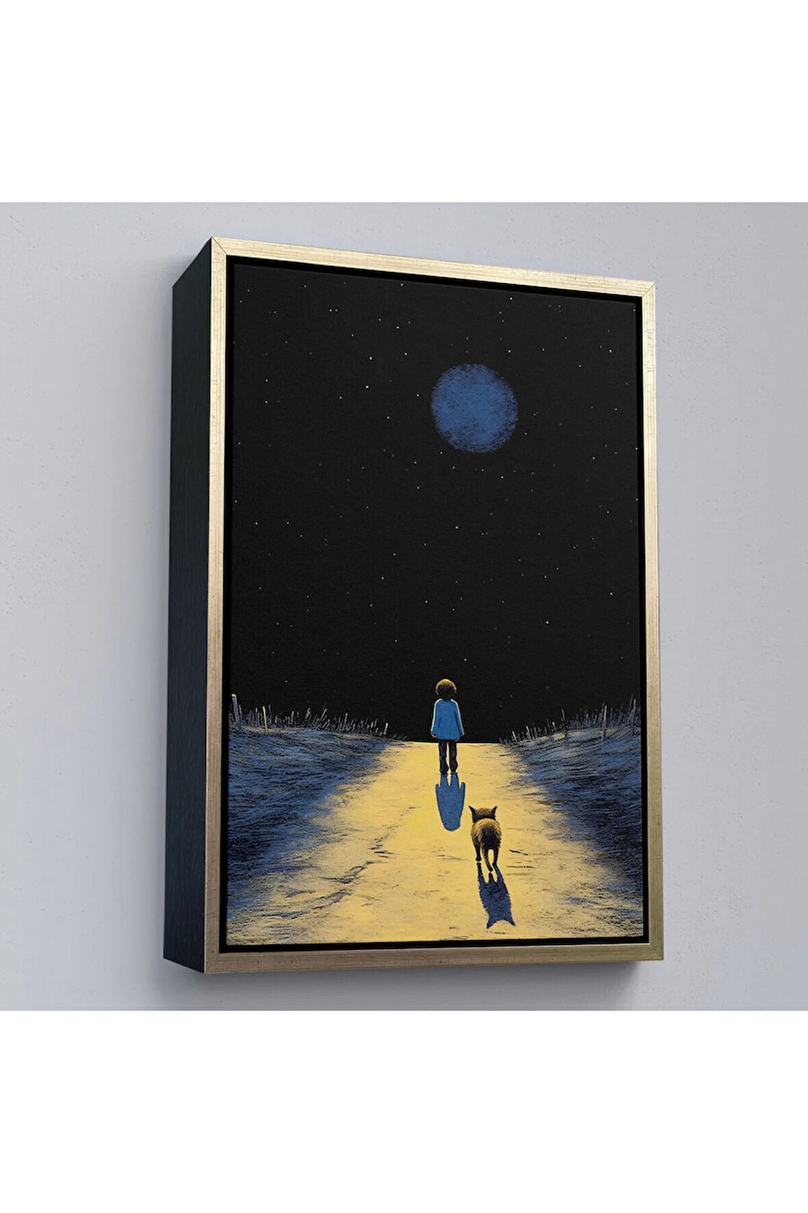 Ahşap Çerçeveli Ay Işığına Yürüyen Çocuk Ve Dostu Tablo-7534