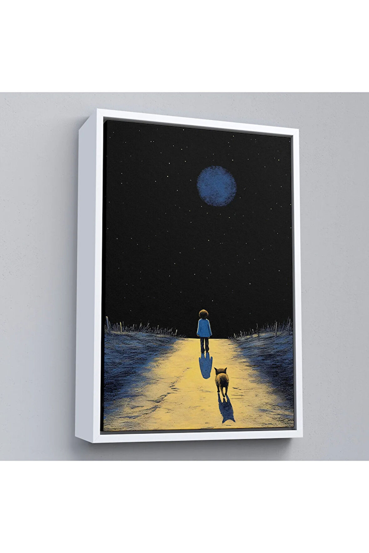Ahşap Çerçeveli Ay Işığına Yürüyen Çocuk Ve Dostu Tablo-7534