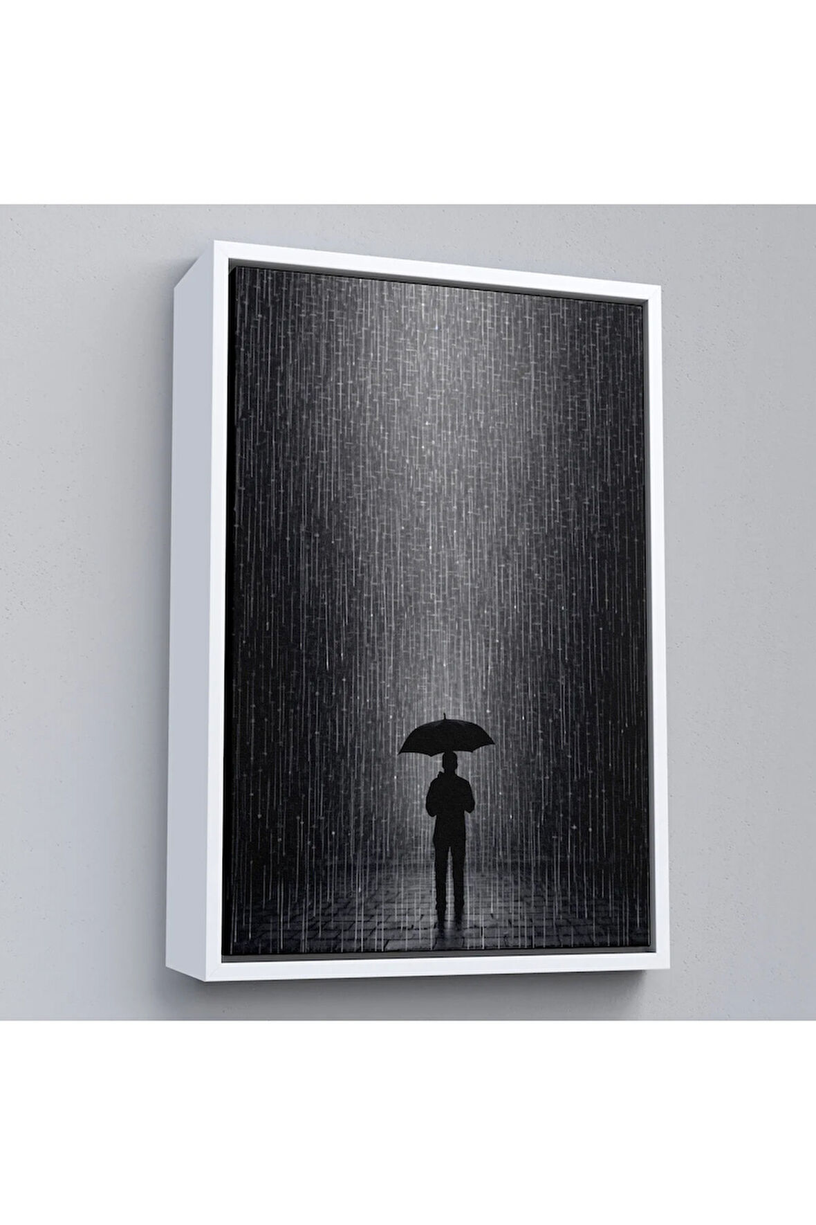 Ahşap Çerçeveli Hiçliğin Ortasında Gece Yarısı Yağmur Altındaki Adam Tablo-7548