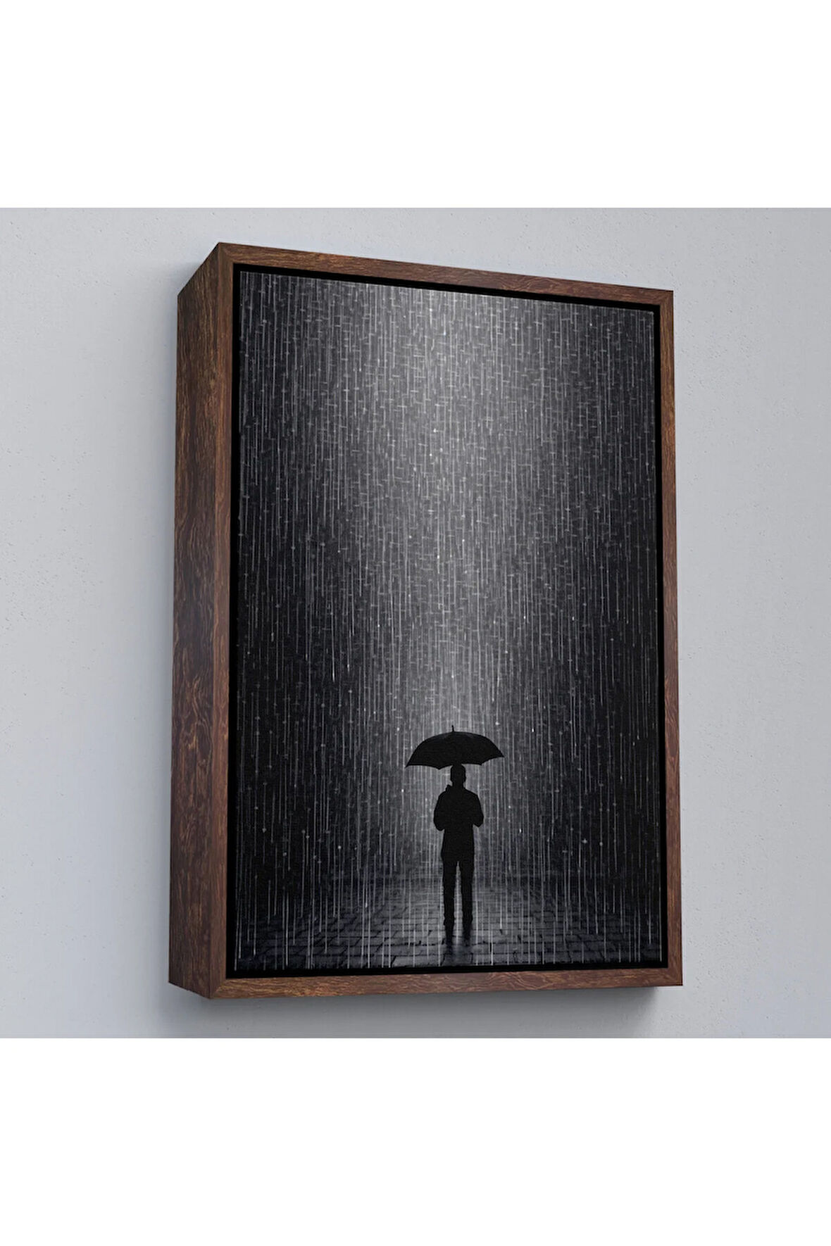 Ahşap Çerçeveli Hiçliğin Ortasında Gece Yarısı Yağmur Altındaki Adam Tablo-7548