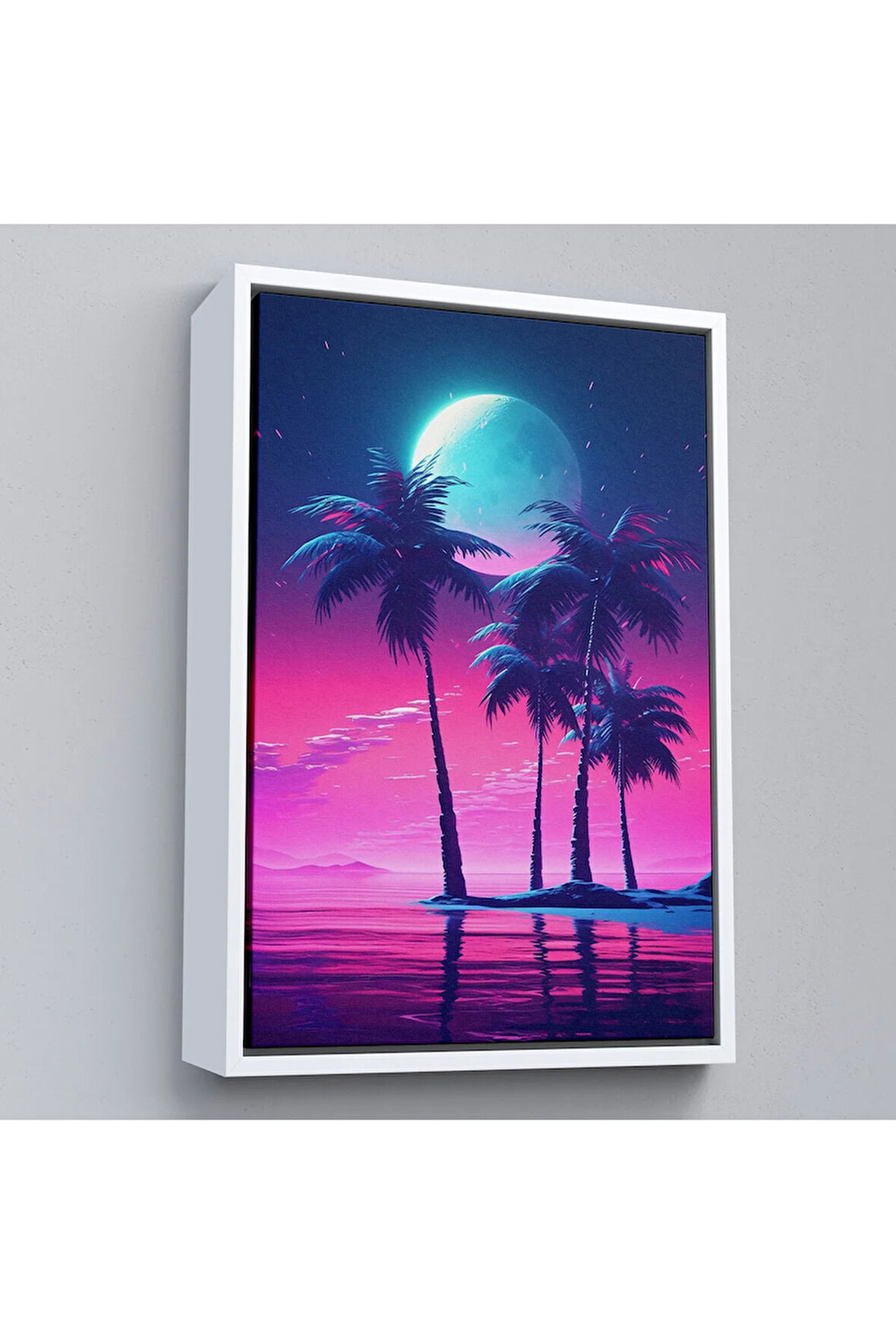 Ahşap Çerçeveli Geceyarısı Palmıye Ağaçları Manzarası Tablo-7552