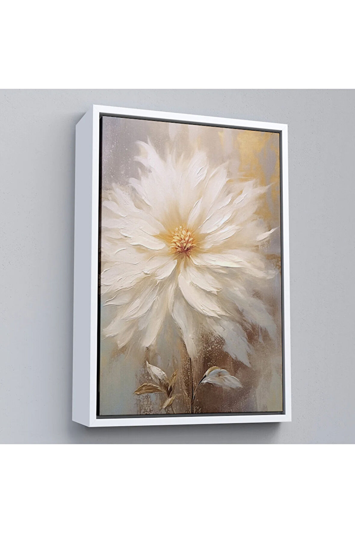 Ahşap Çerçeveli Yağlıboya Görünümlü Beyaz Çiçek Tablo-7559