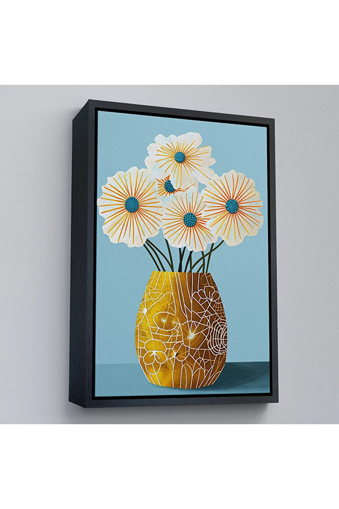 Ahşap Çerçeveli Vazo İçindeki Beyaz Çiçekler Tablo-7569