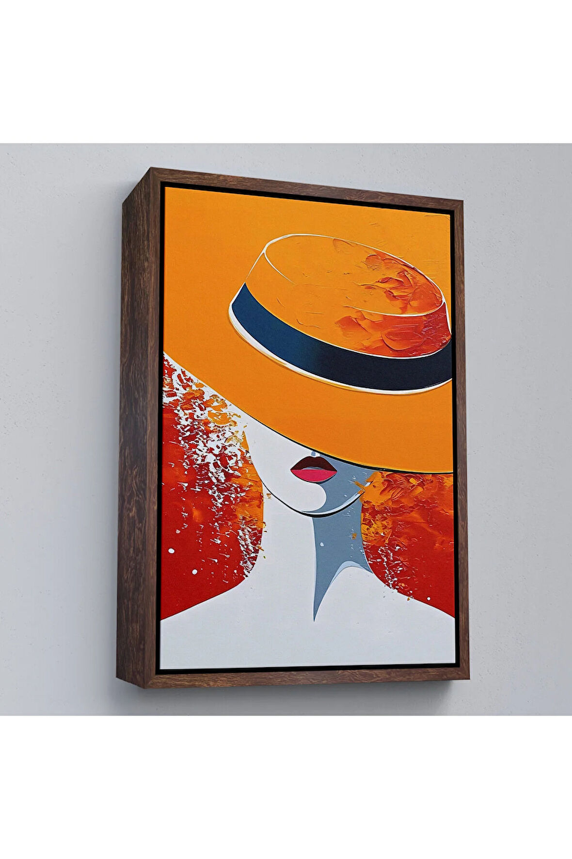 Ahşap Çerçeveli Turuncu Şapkalı Retro Kadın Tablo-7589
