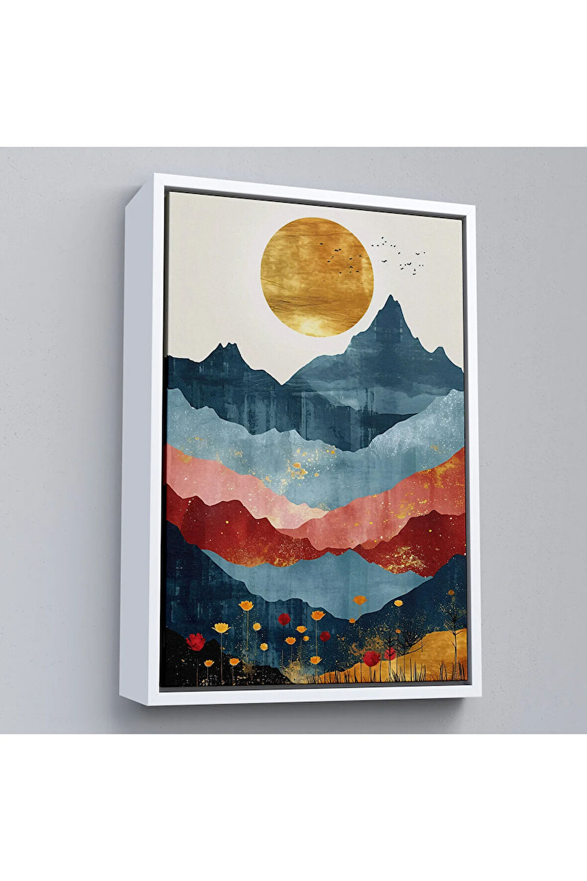 Ahşap Çerçeveli Dağların Üstündeki Güneş Manzarası Tablo-7613