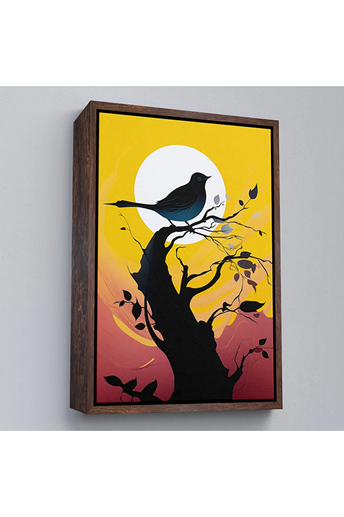 Ahşap Çerçeveli Ağaç Üstündeki Soyut Kuş Tablosu-7614