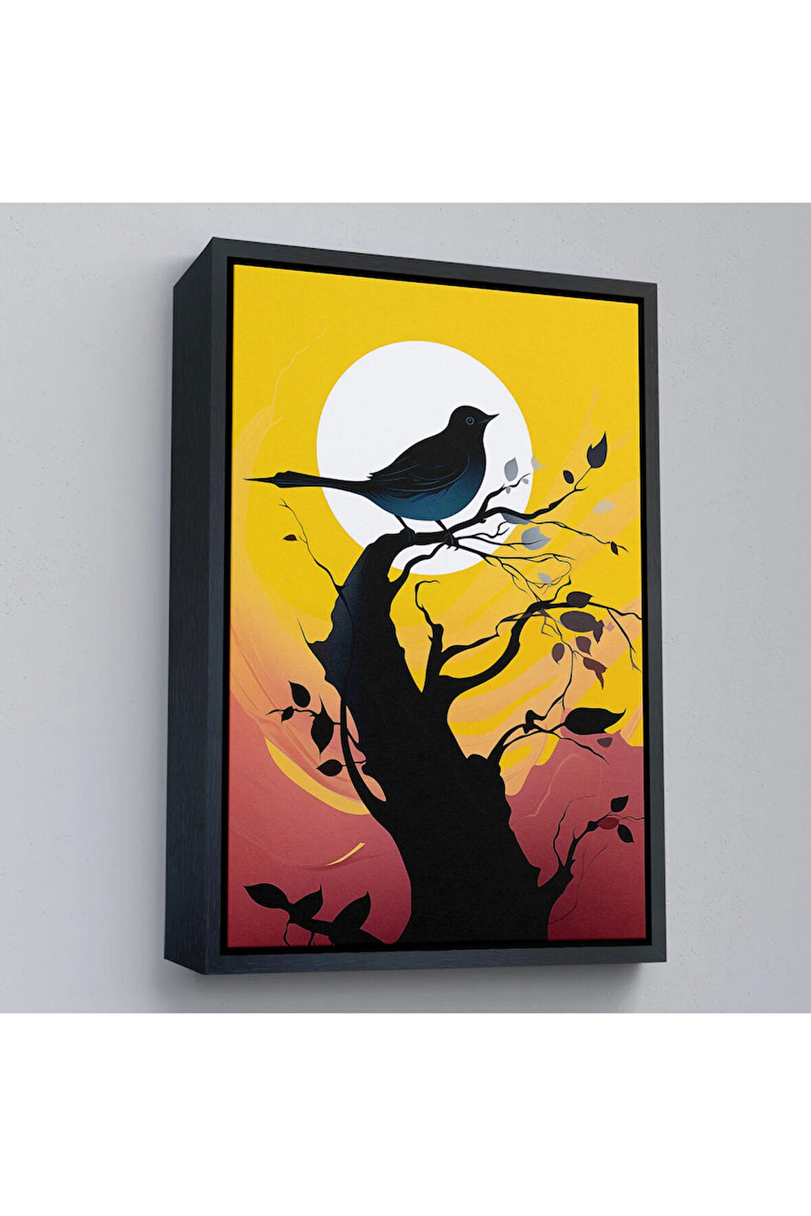 Ahşap Çerçeveli Ağaç Üstündeki Soyut Kuş Tablosu-7614