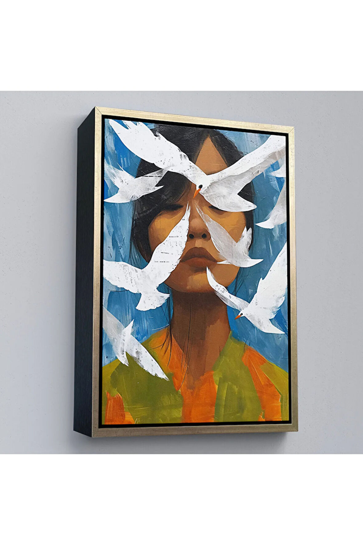 Ahşap Çerçeveli Beyaz Kuşlar Ve Asyalı Kadın Tablo-7630