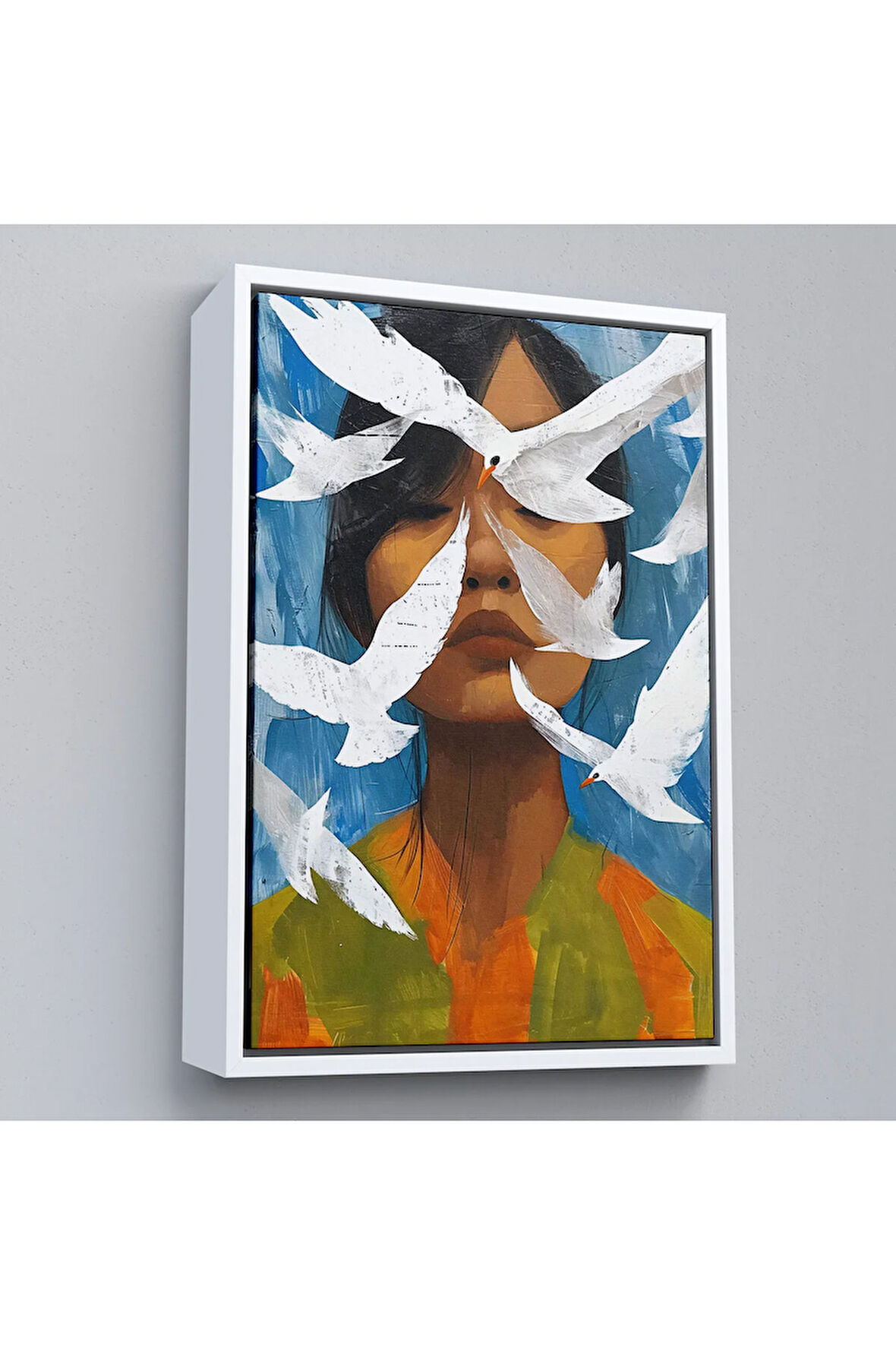 Ahşap Çerçeveli Beyaz Kuşlar Ve Asyalı Kadın Tablo-7630