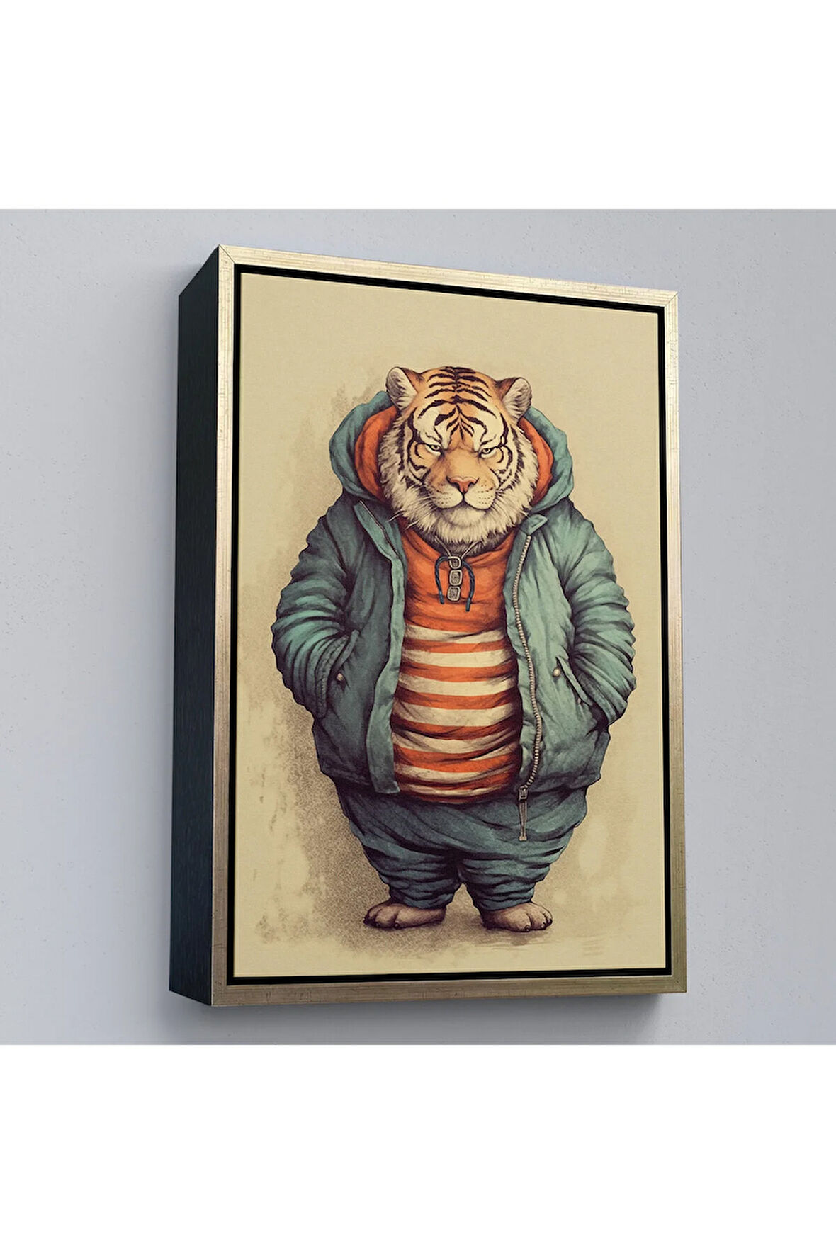 Ahşap Çerçeveli Kaplan Kafalı Şişman İnsan Tablo-7636