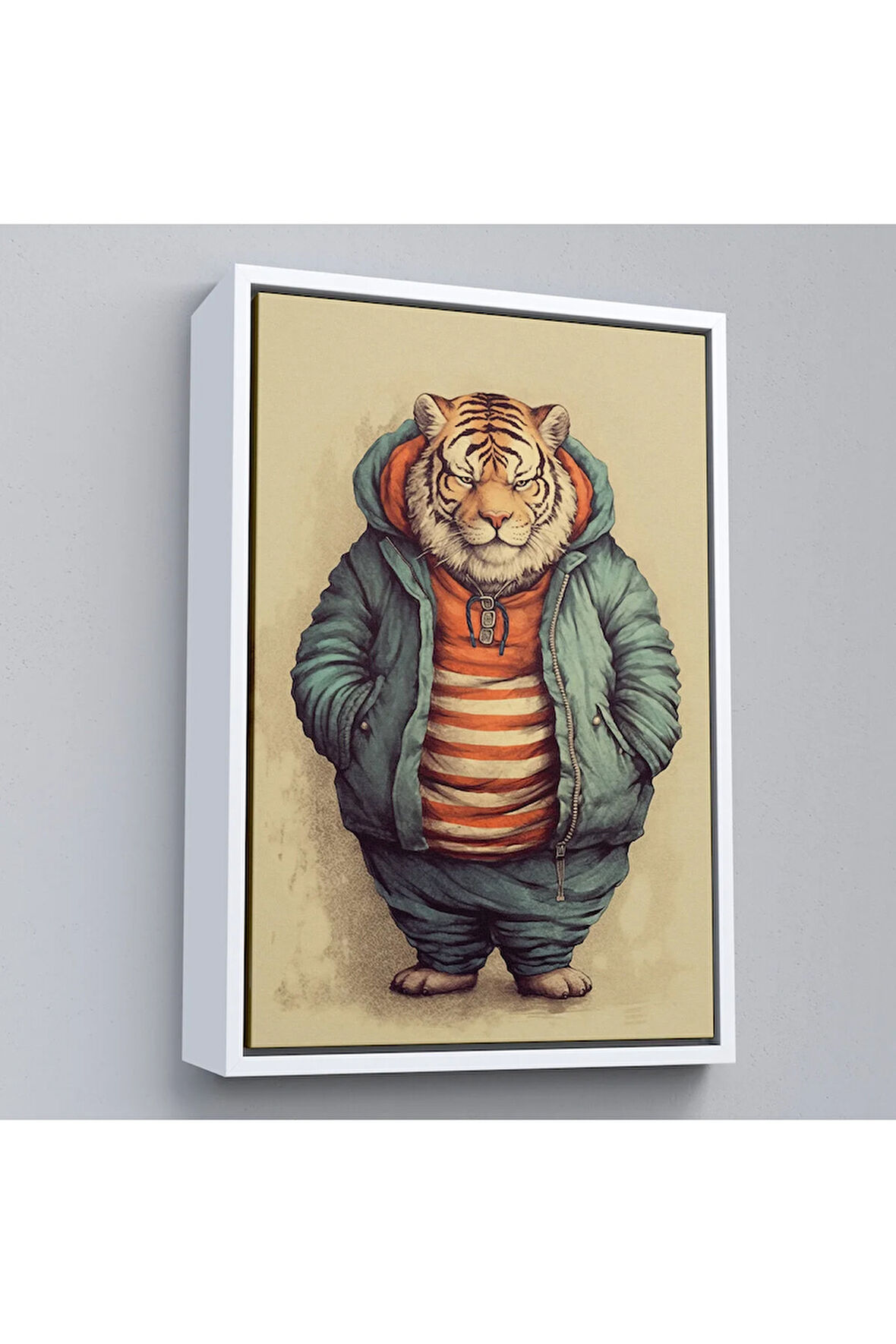 Ahşap Çerçeveli Kaplan Kafalı Şişman İnsan Tablo-7636