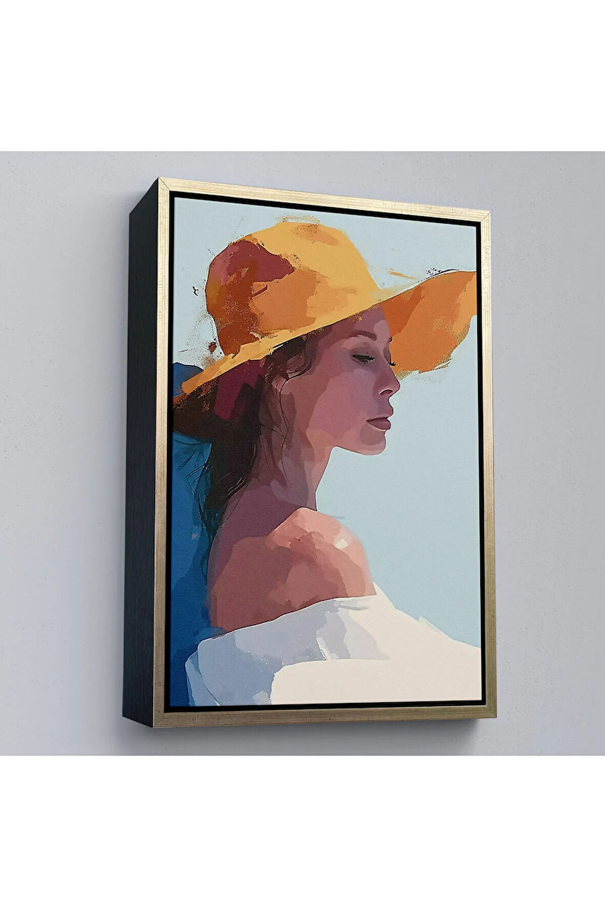 Ahşap Çerçeveli Sarı Şapkalı Soyut Kadın Tablo-7639