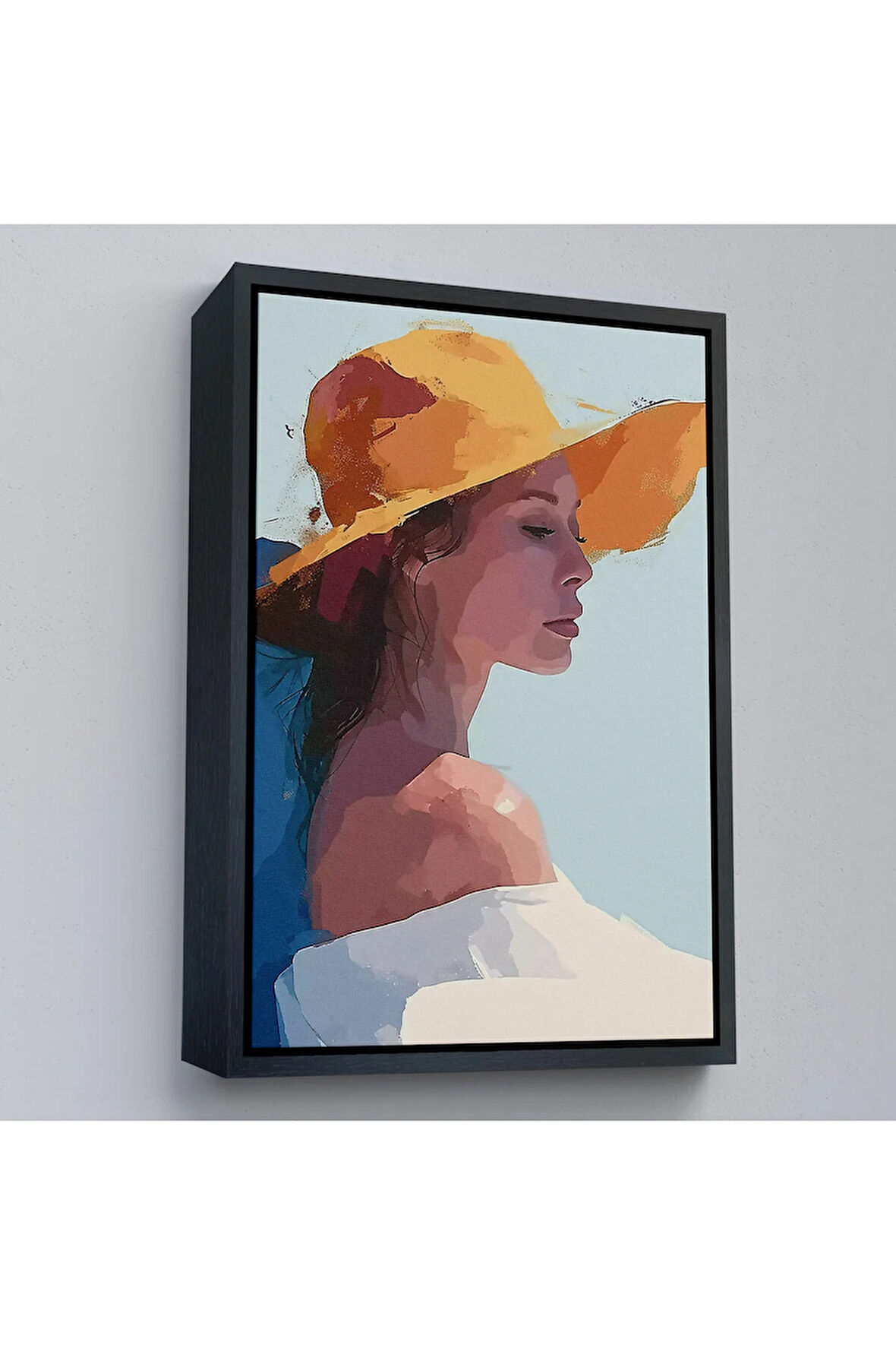Ahşap Çerçeveli Sarı Şapkalı Soyut Kadın Tablo-7639