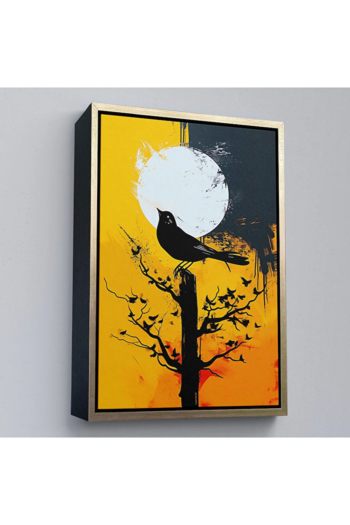 Ahşap Çerçeveli Ağaç Üstündeki Soyut Kuş Tablosu-7660