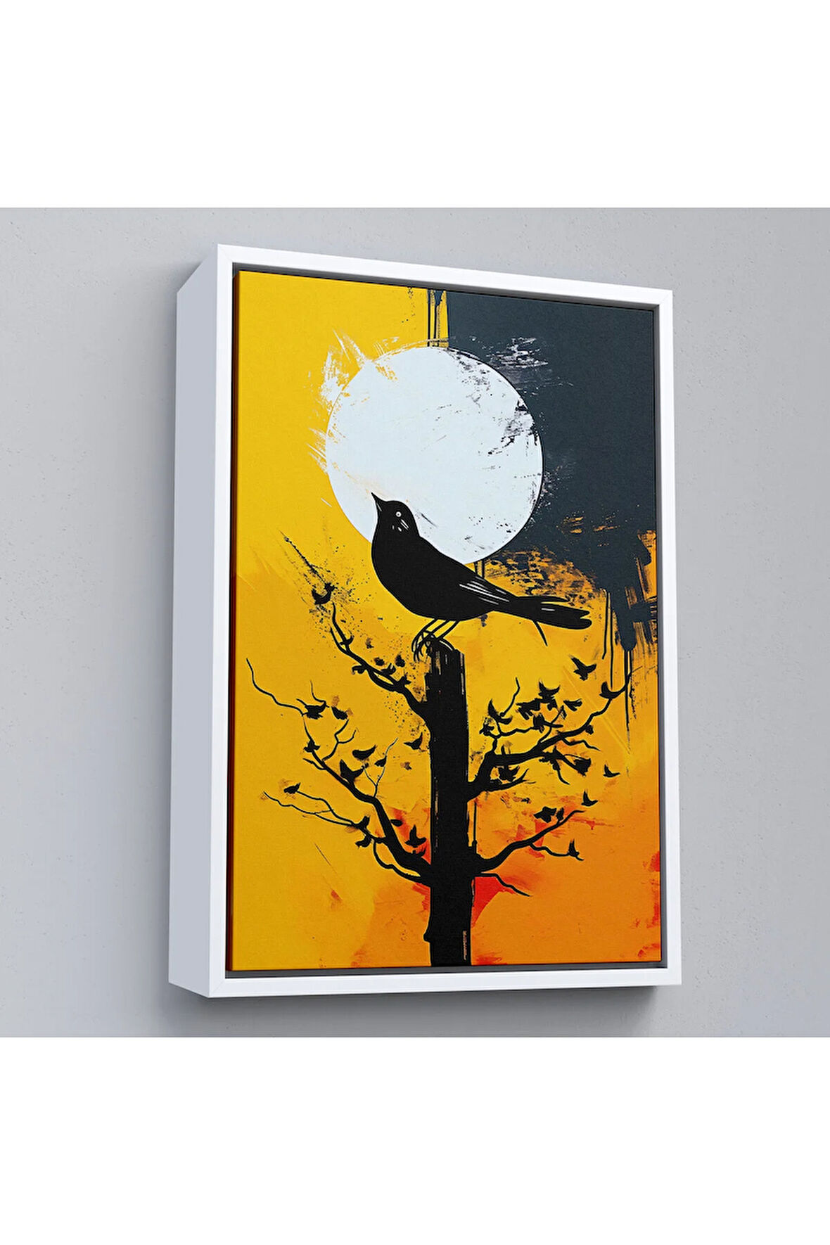 Ahşap Çerçeveli Ağaç Üstündeki Soyut Kuş Tablosu-7660