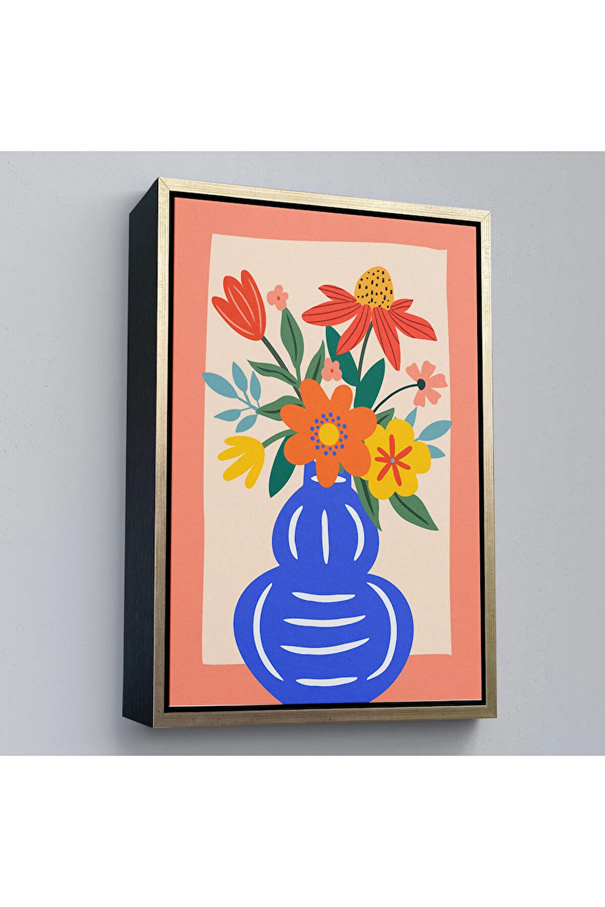 Ahşap Çerçeveli Minimalist Çiçek Mavi Vazoda Renkli Buket Tablosu-7666
