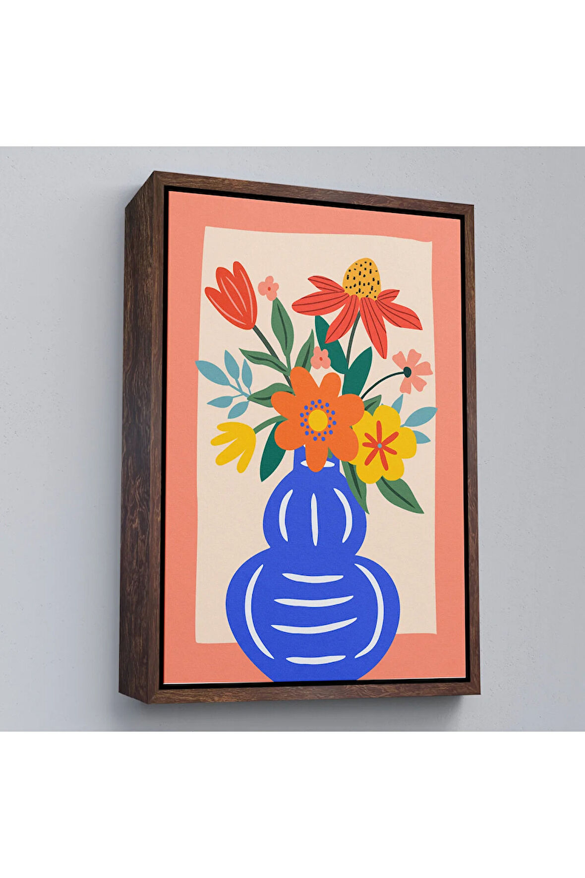 Ahşap Çerçeveli Minimalist Çiçek Mavi Vazoda Renkli Buket Tablosu-7666