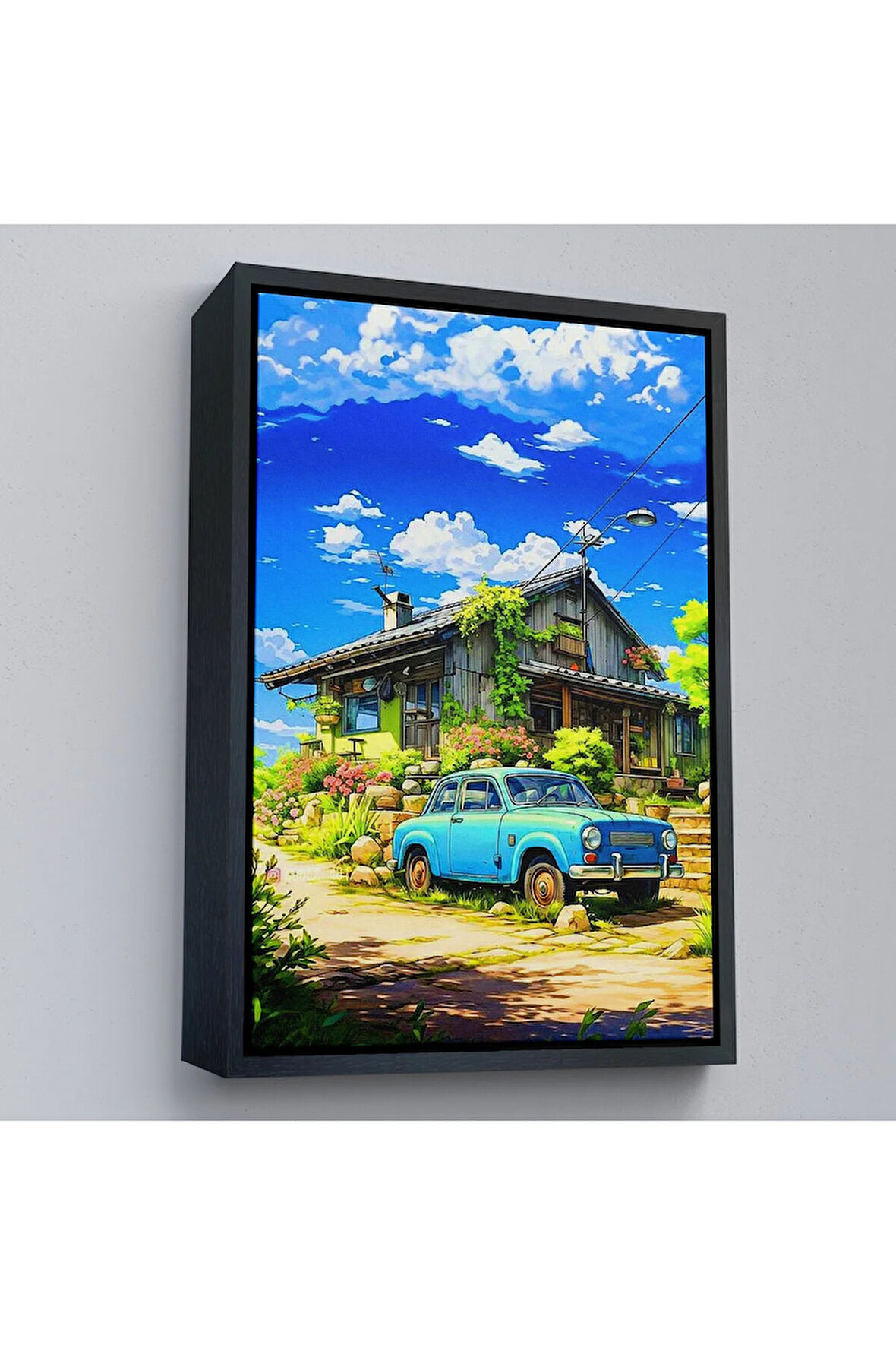 Ahşap Çerçeveli Şirin Ev Önündeki Mavi Araba Tablosu-7688