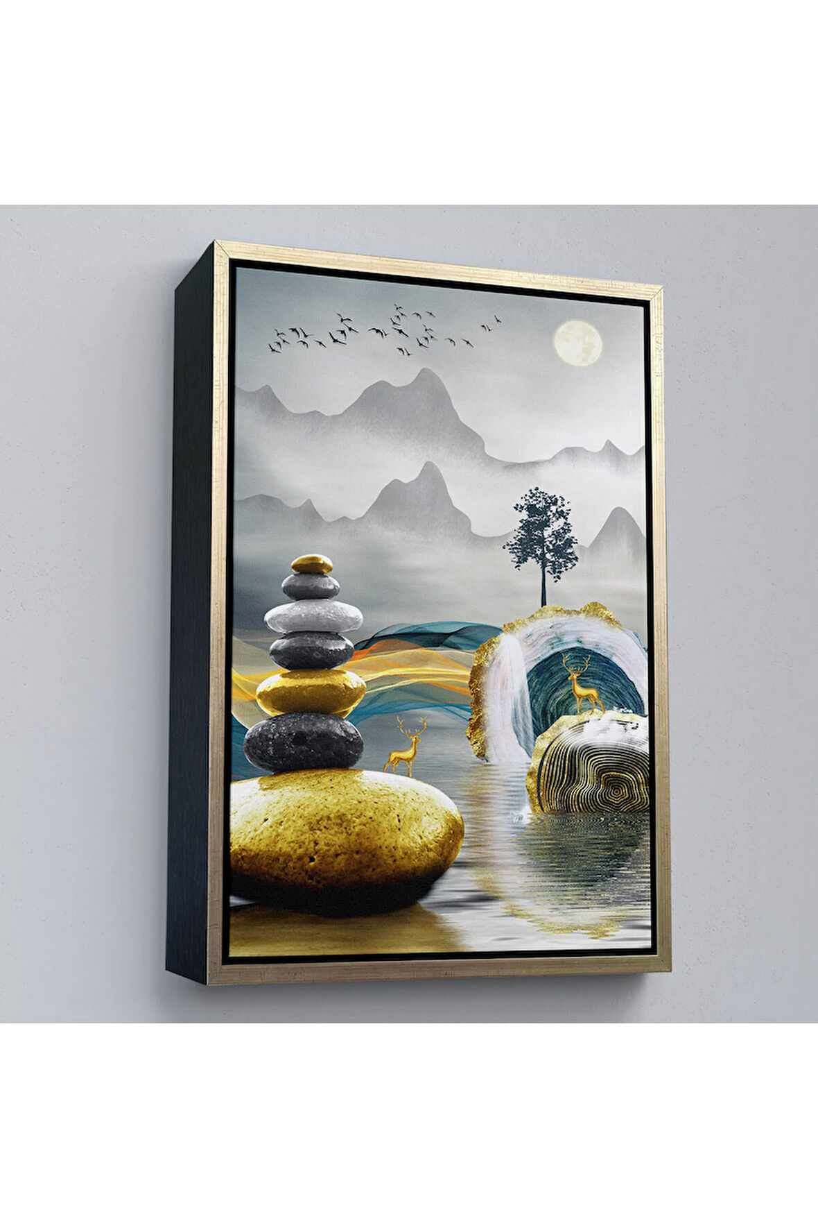 Ahşap Çerçeveli Altın Detaylı Soyut Denge Tablosu-7694