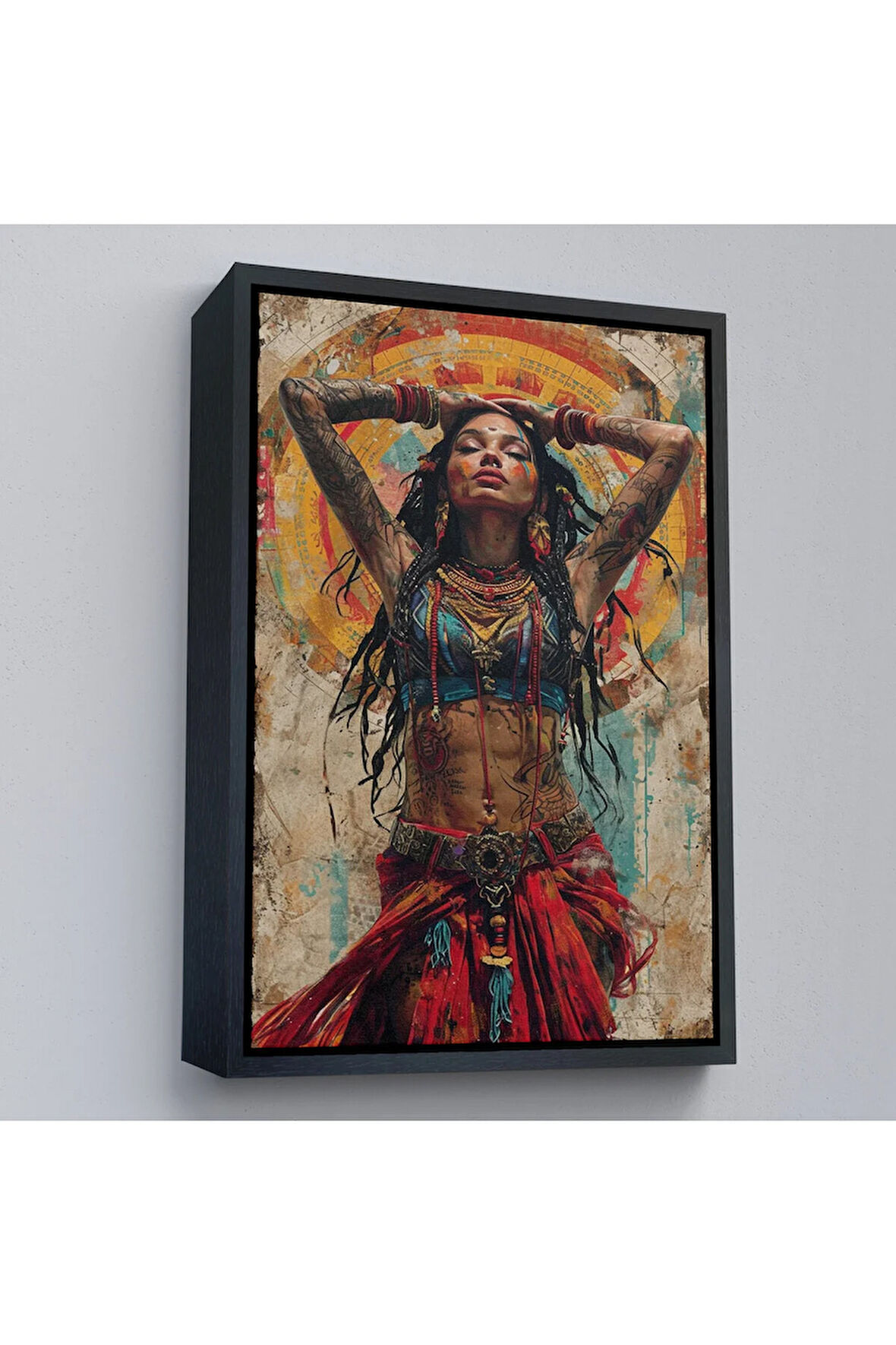 Ahşap Çerçeveli Sürreal Dövmeli Hippi Kadın Tablo-7711