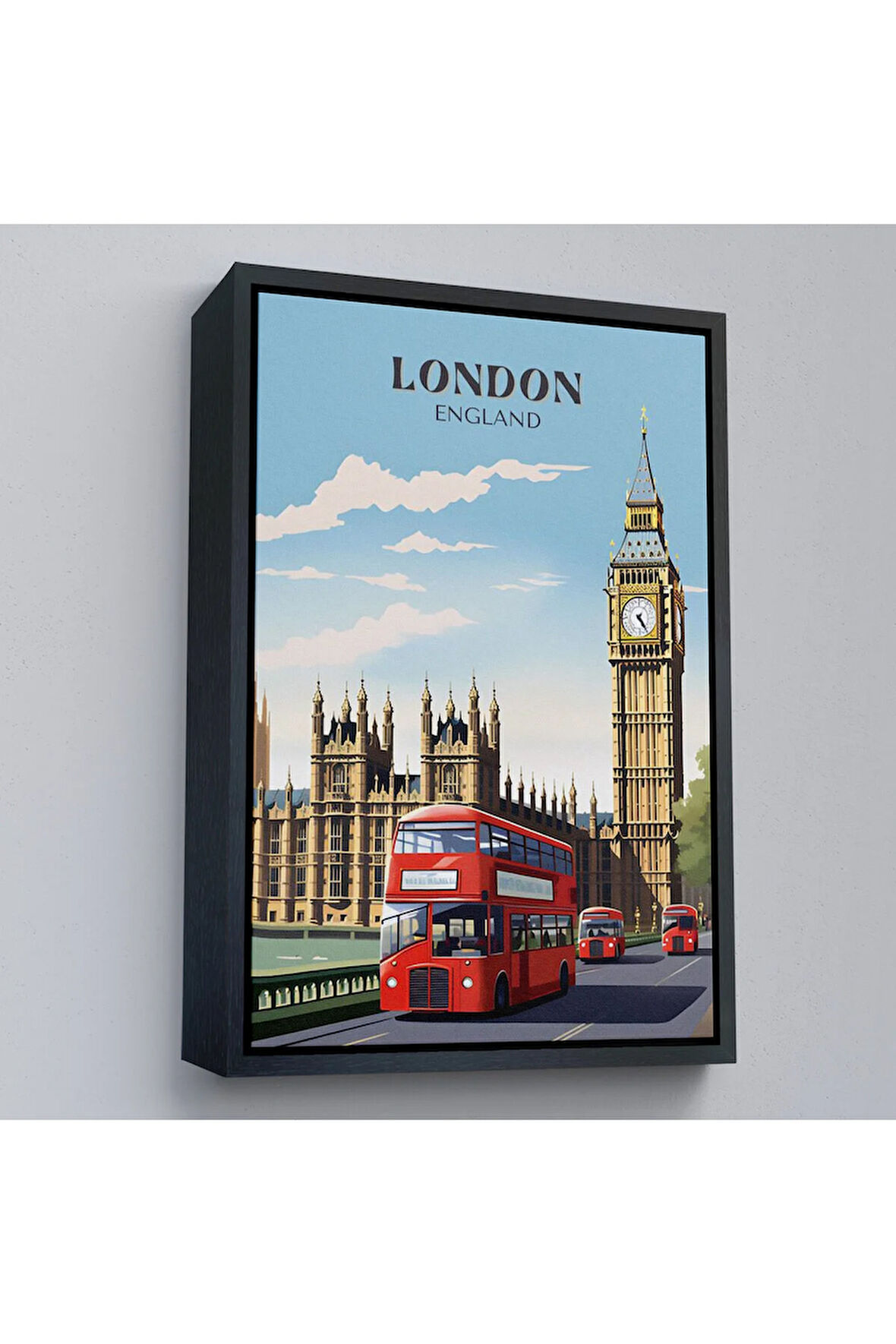 Ahşap Çerçeveli Londra Şehir Manzarası Ve Kırmızı Otobüs Tablosu-7712