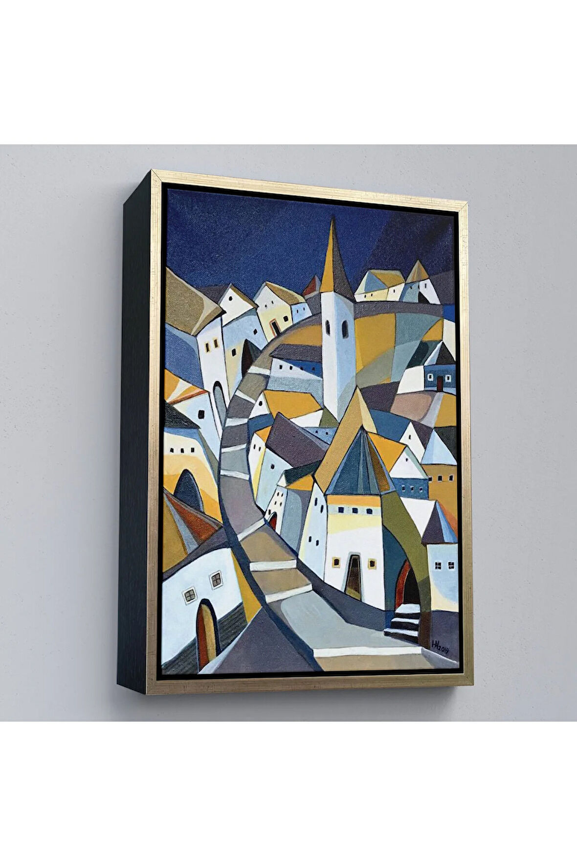 Ahşap Çerçeveli Sıkışık Mavi Evler Tablosu-7718