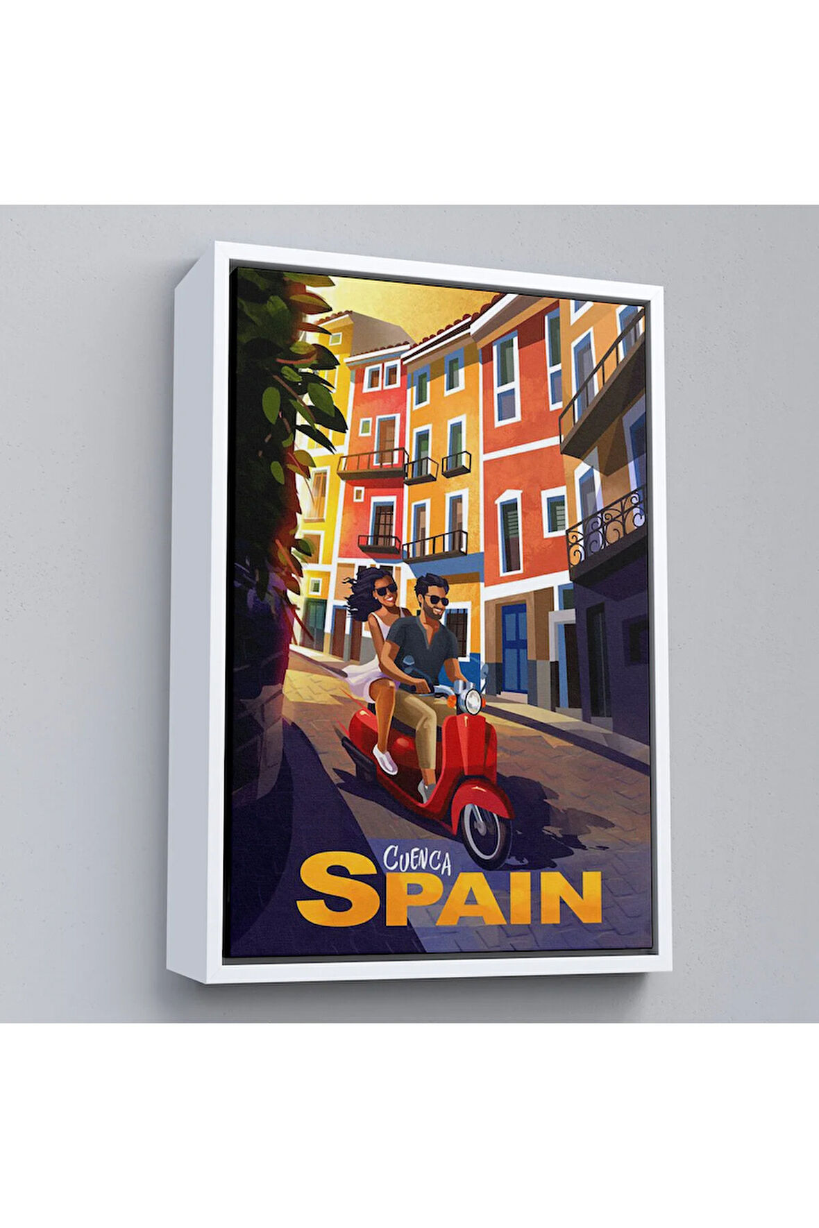 Ahşap Çerçeveli İspanya Cvenca Sokaklarında Motorlu Aşıklar Tablosu-7726