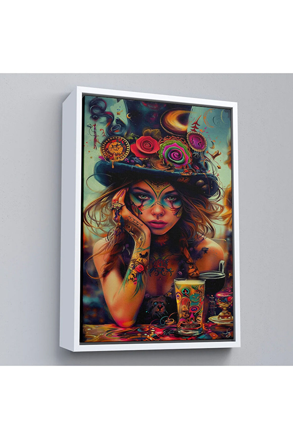 Ahşap Çerçeveli Sürreal Dövmeli Hippi Kadın Tablo-7727