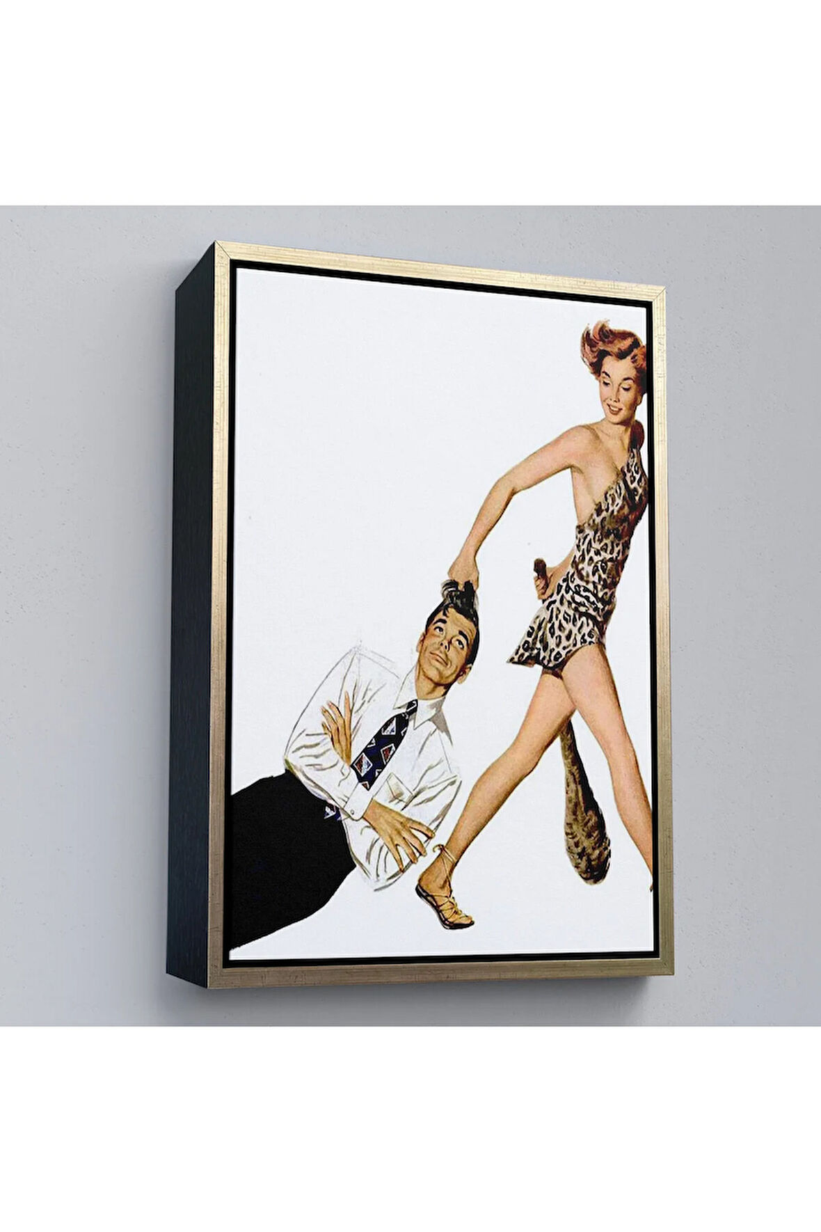 Ahşap Çerçeveli Modern Erkeği Sürükleyip Götüren Taş Devri Kadını Tablo-7738