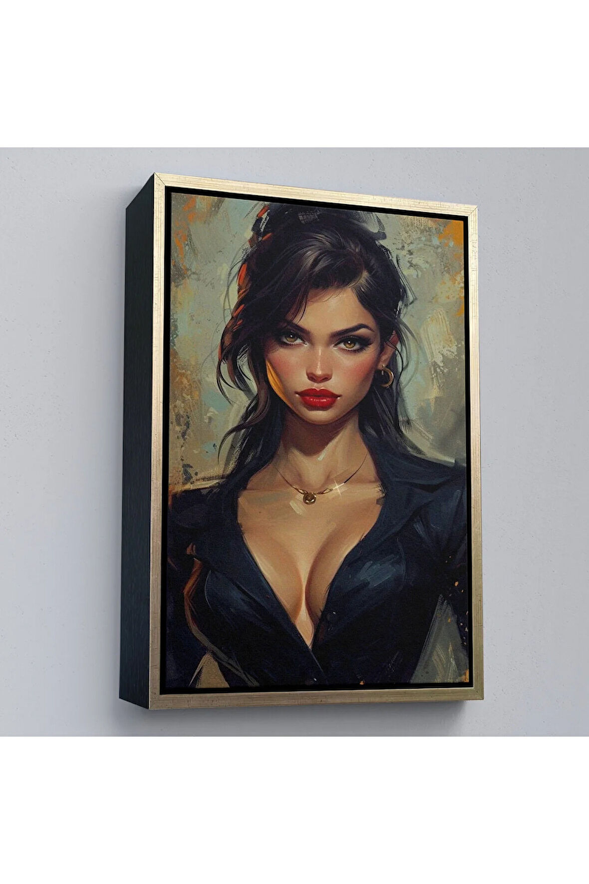 Ahşap Çerçeveli Yağlıboya Görünümlü Esmer Güzel Kadın Tablosu-7741