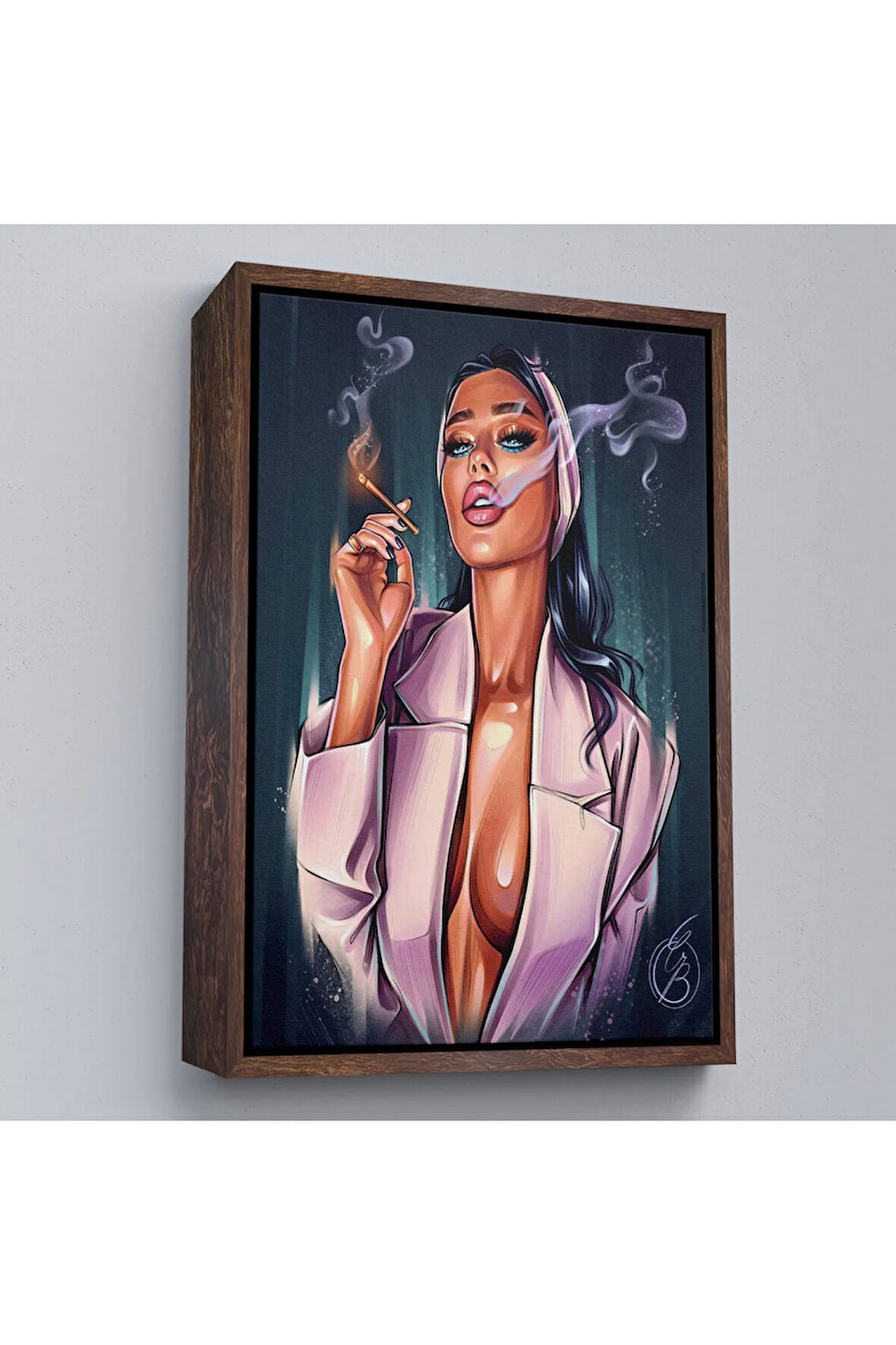 Ahşap Çerçeveli Sigara İçen Soyut Kadın Tablosu-7756