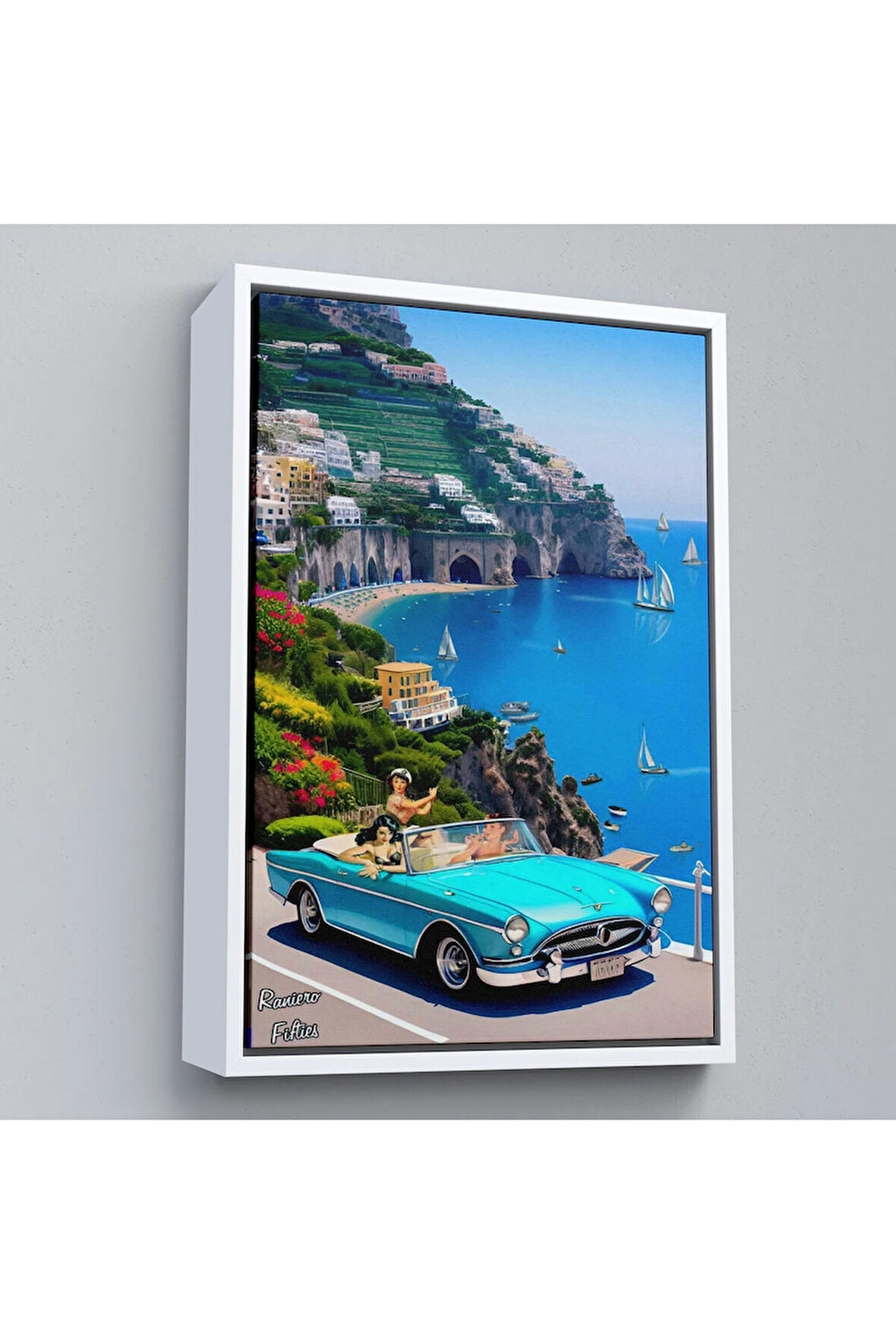 Ahşap Çerçeveli Sahildeki Mavi Klasik Araba Tablosu-7776