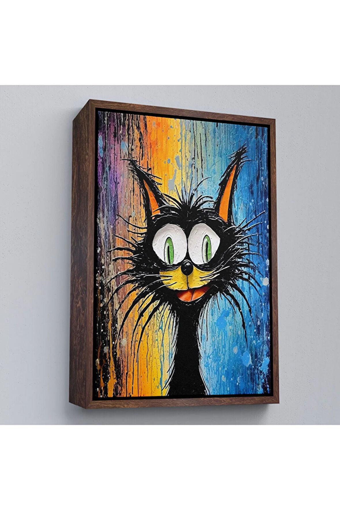 Ahşap Çerçeveli Yaplıboya Görünümlü Sevimli Kedi Tablosu-7778