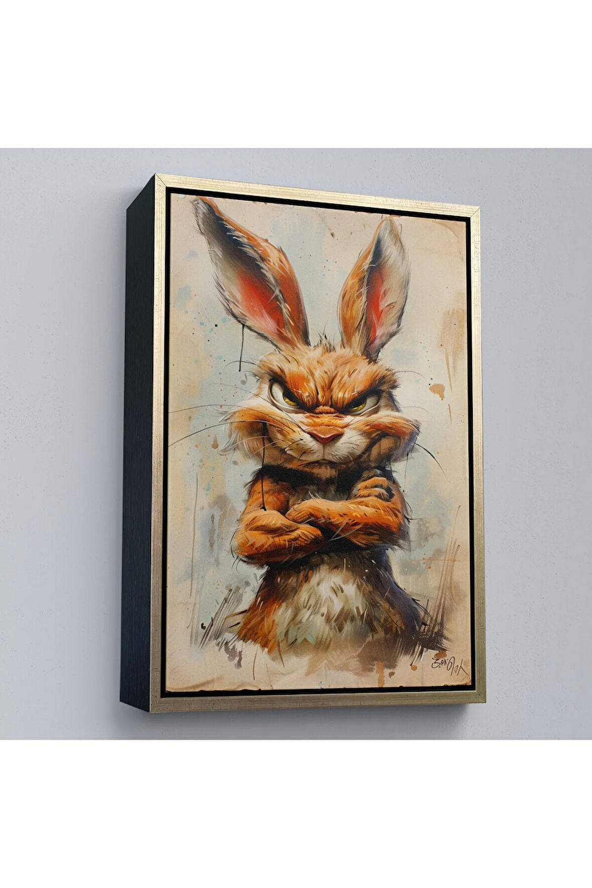 Ahşap Çerçeveli Sinirli Tavşan Tablosu-7785