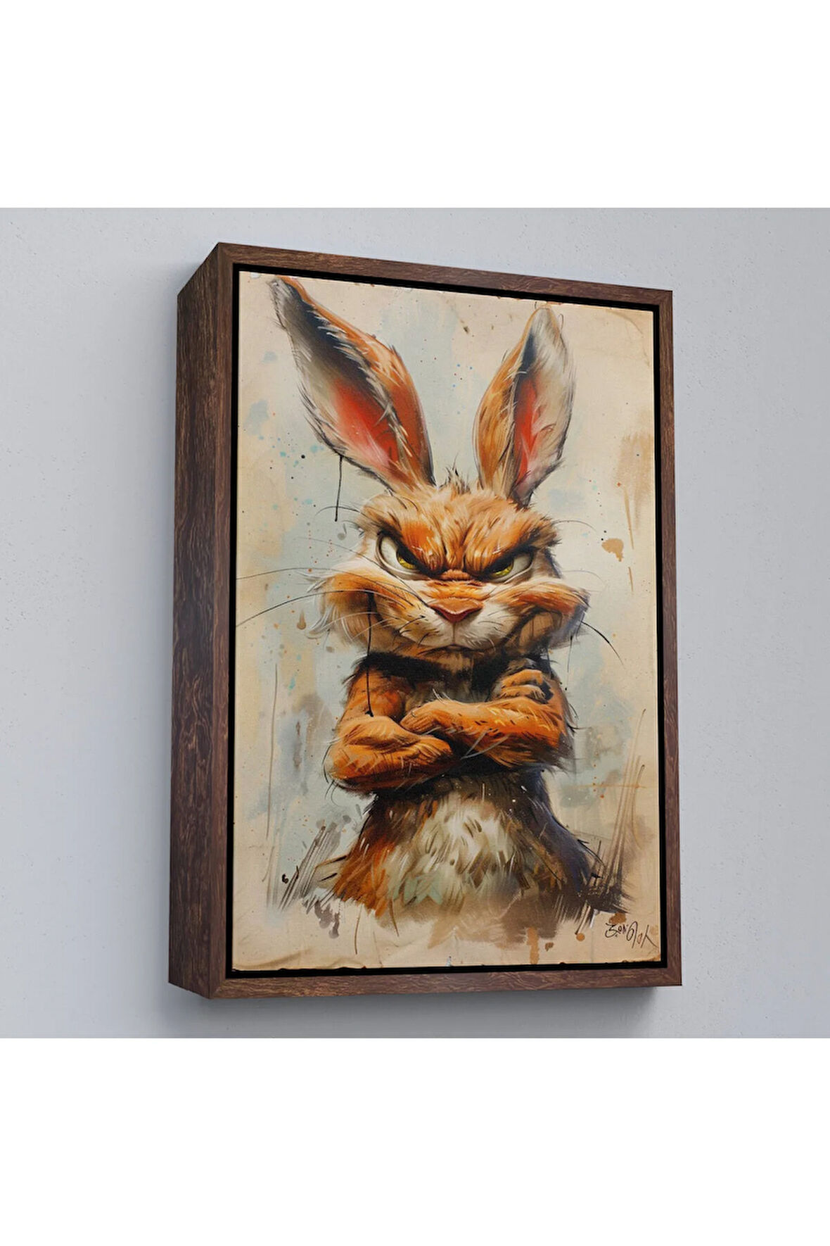 Ahşap Çerçeveli Sinirli Tavşan Tablosu-7785