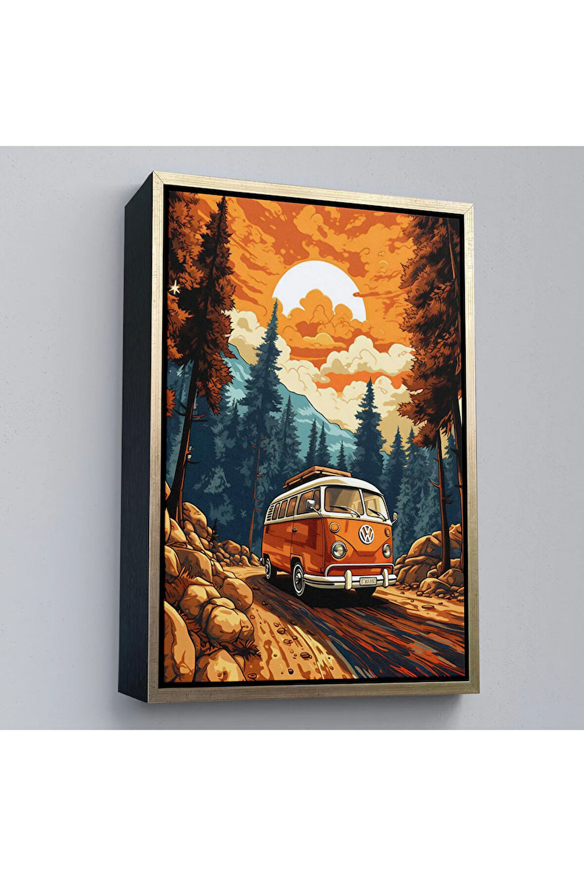 Ahşap Çerçeveli Retro Volkswagen Minibüs Ve Manzara Tablosu-7811