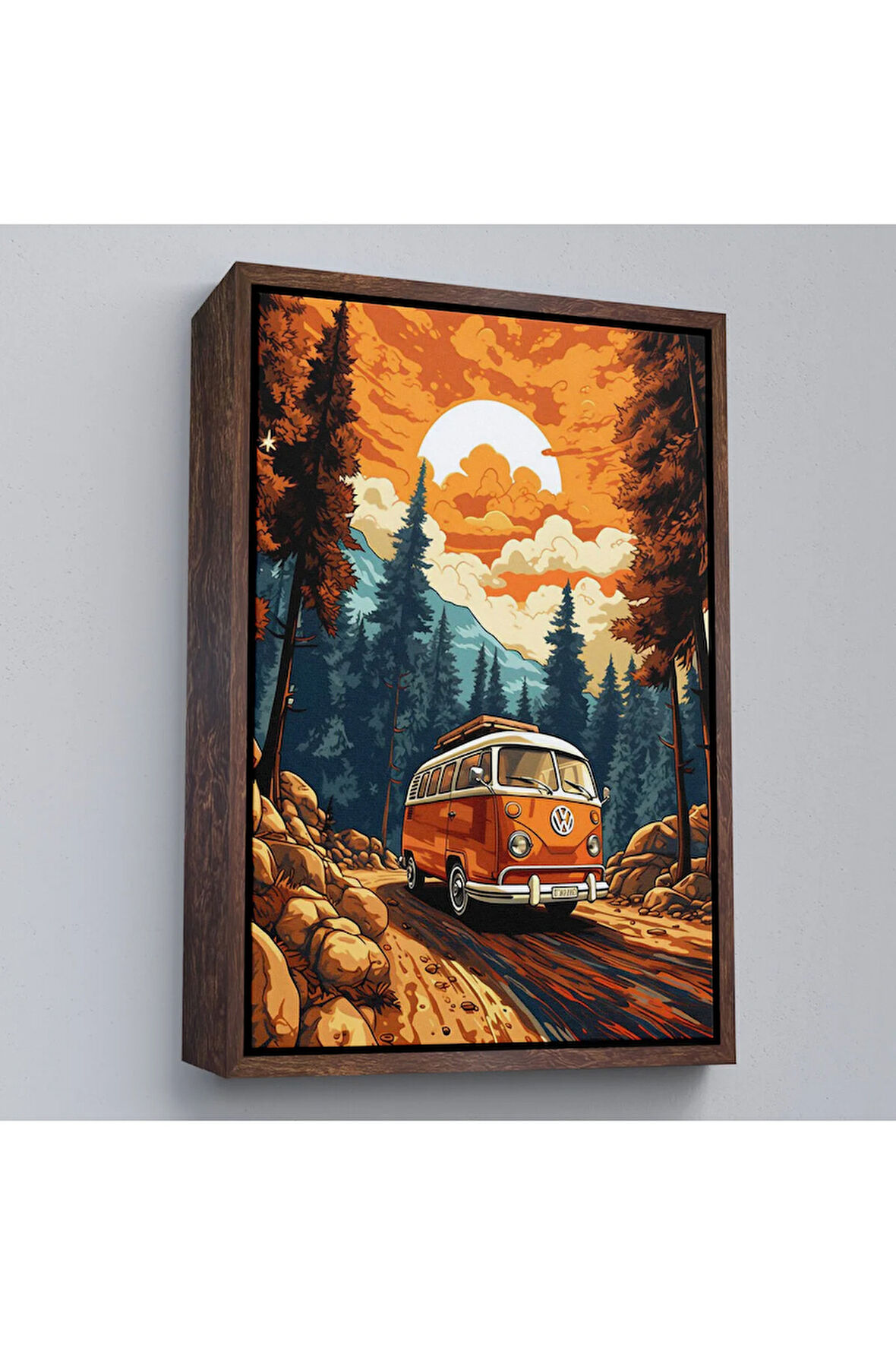 Ahşap Çerçeveli Retro Volkswagen Minibüs Ve Manzara Tablosu-7811