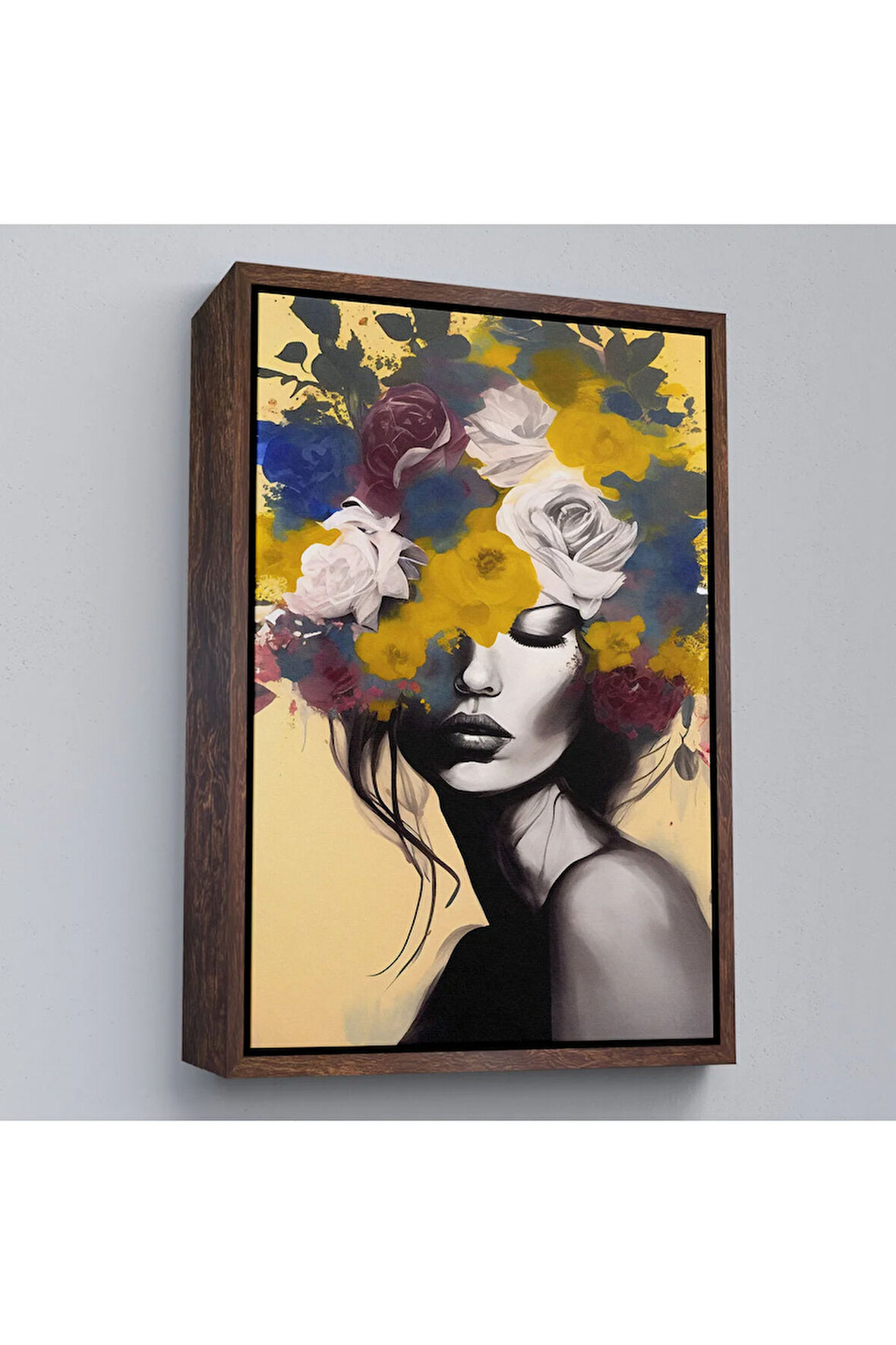Ahşap Çerçeveli Çiçek Başlı Soyut Kadın Tablosu-7831