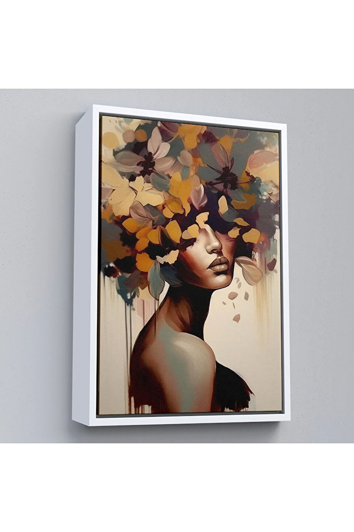 Ahşap Çerçeveli Çiçek Başlı Soyut Kadın Tablosu-7832