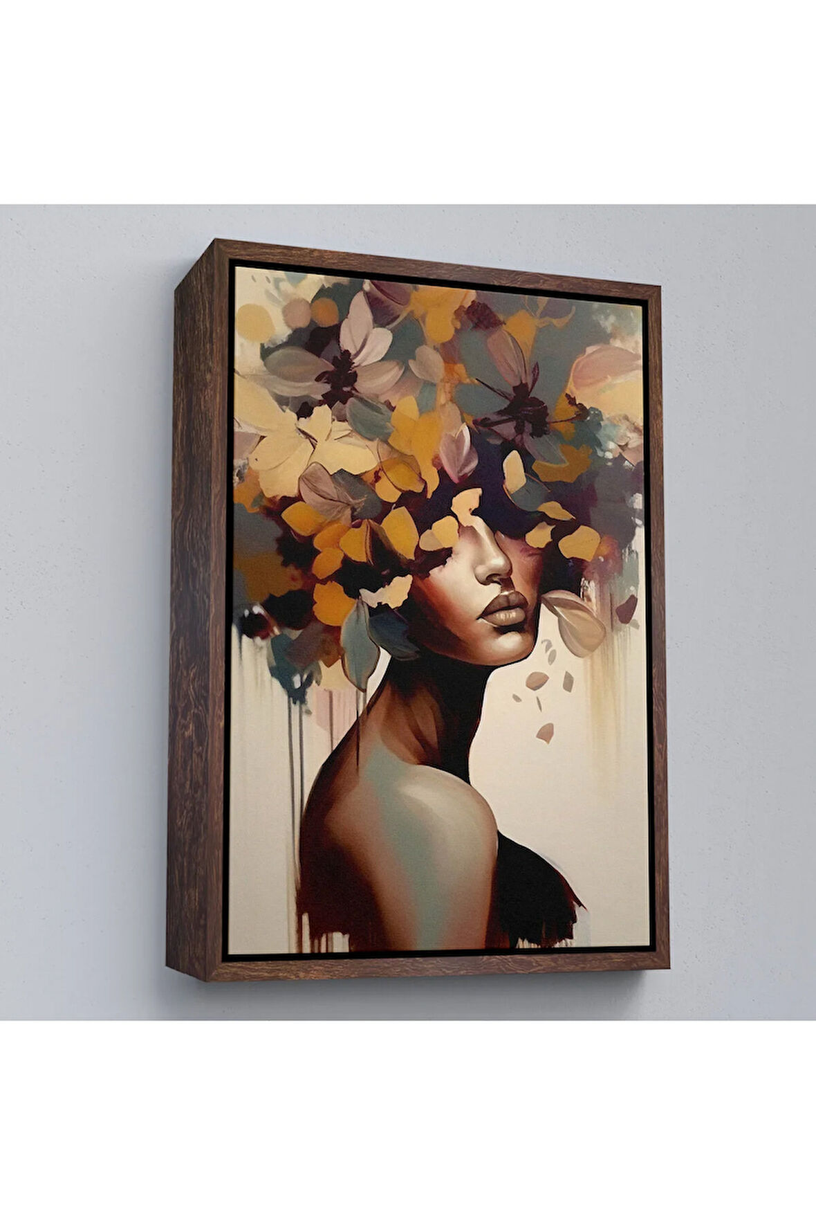Ahşap Çerçeveli Çiçek Başlı Soyut Kadın Tablosu-7832