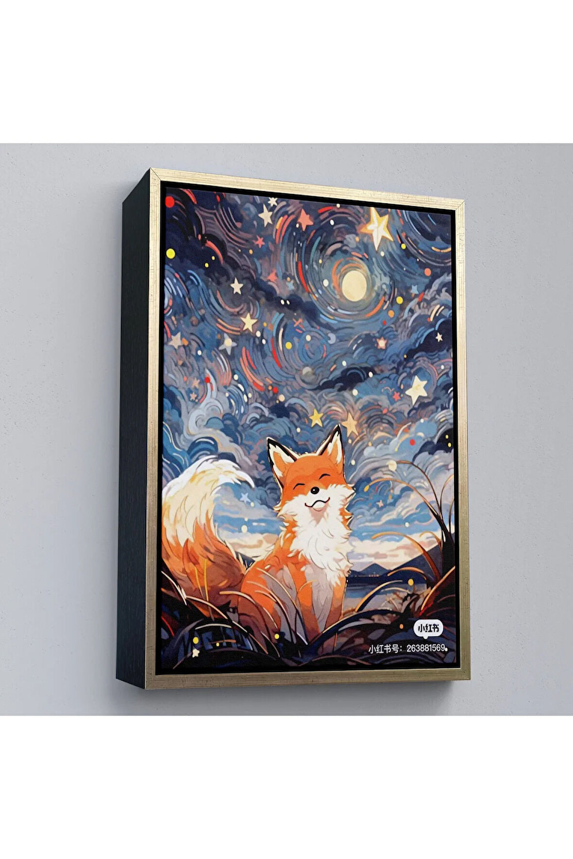 Ahşap Çerçeveli Soyut Ormandaki Sarı Tilki Tablosu-7839