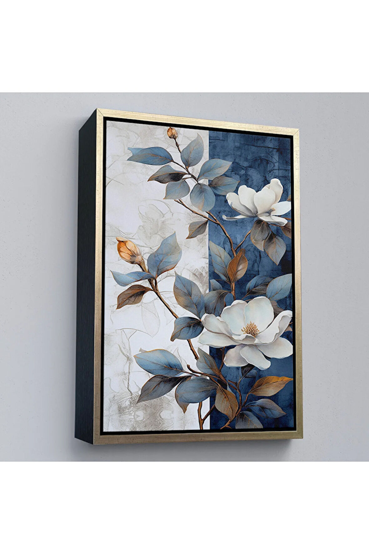 Ahşap Çerçeveli Mavi Ve Beyaz Çiçekler Tablosu-7886