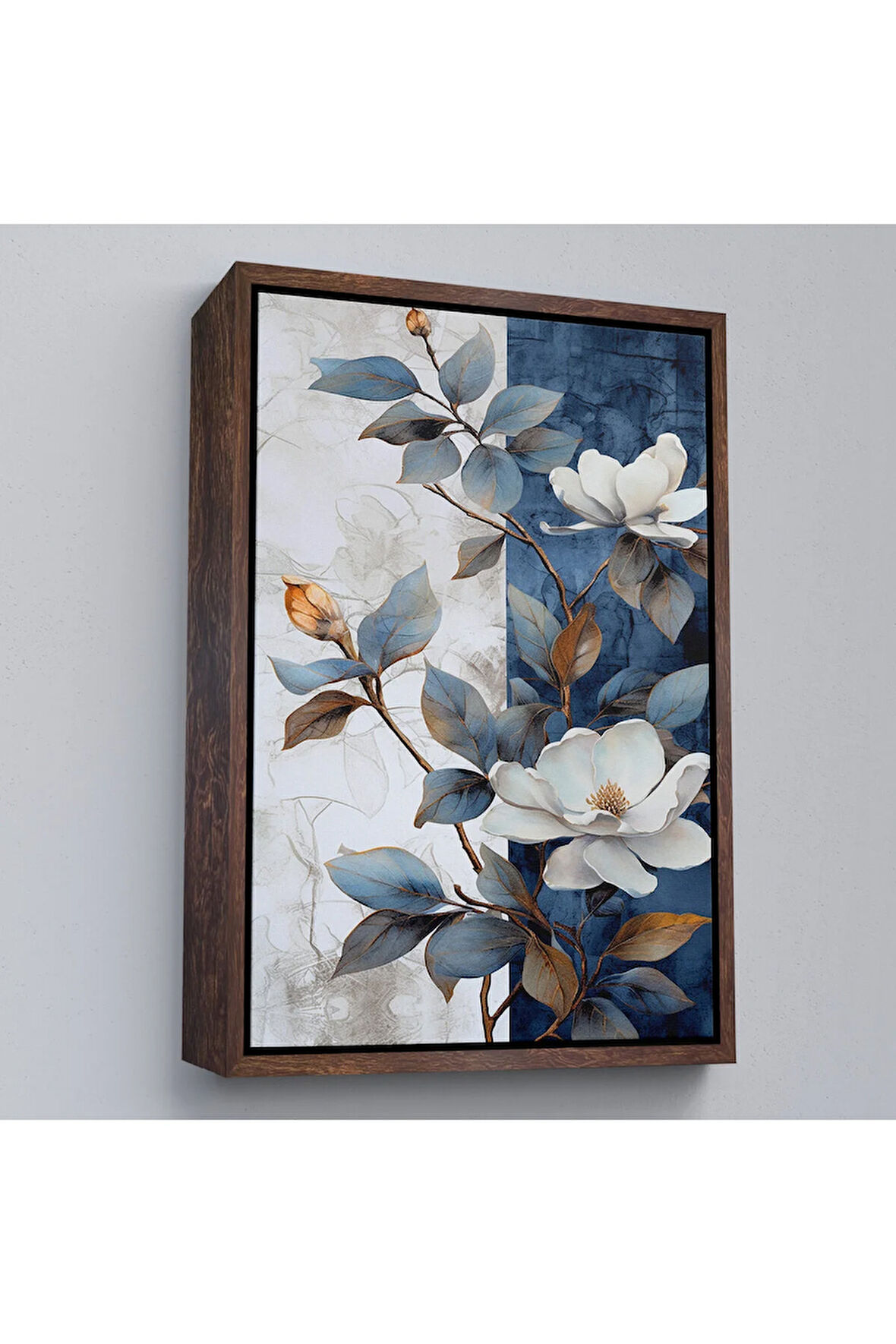 Ahşap Çerçeveli Mavi Ve Beyaz Çiçekler Tablosu-7886