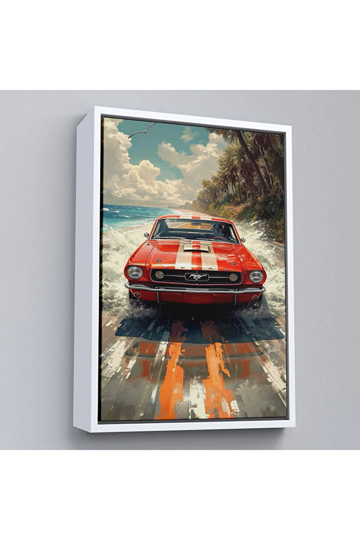 Ahşap Çerçeveli Kırmızı Mustang Tablo-7910