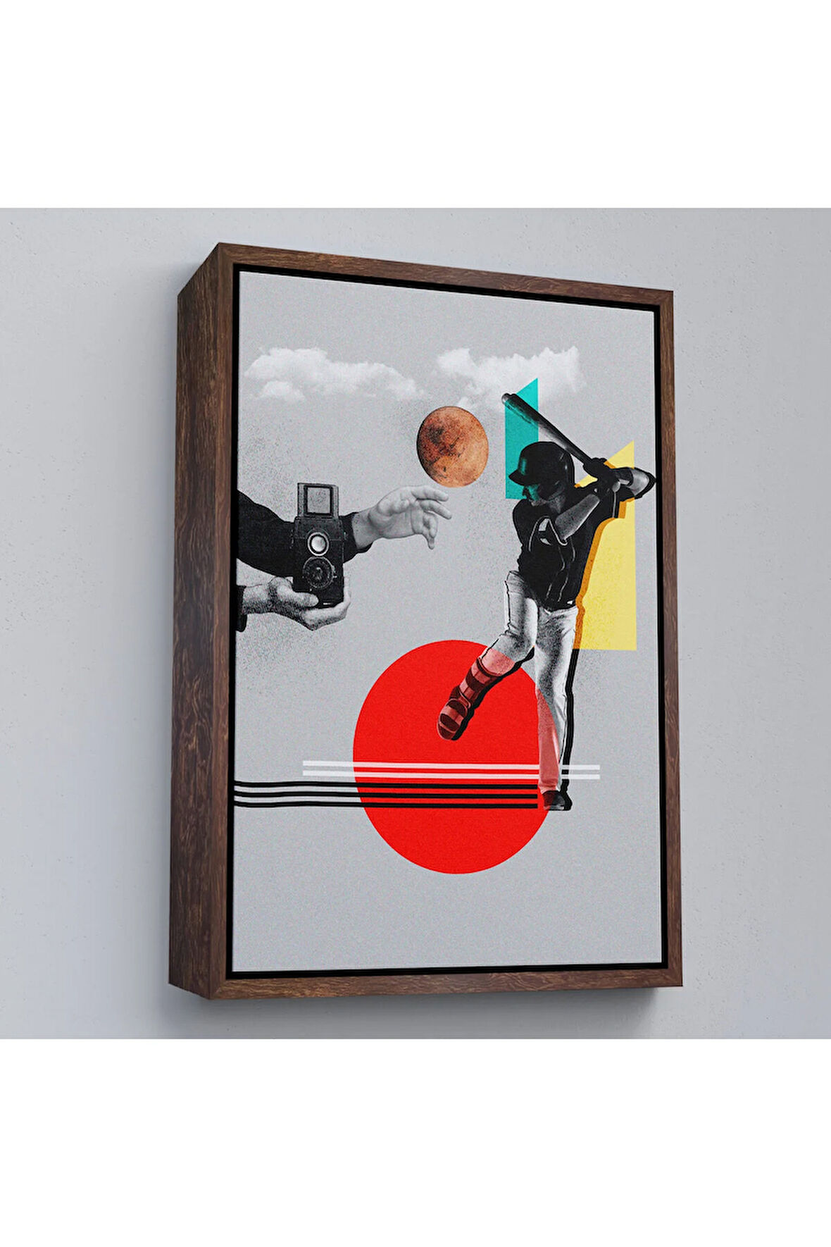 Ahşap Çerçeveli Beyzbol Sporcusu Ve Kamera Tutan Retro Eller Tablosu-7917