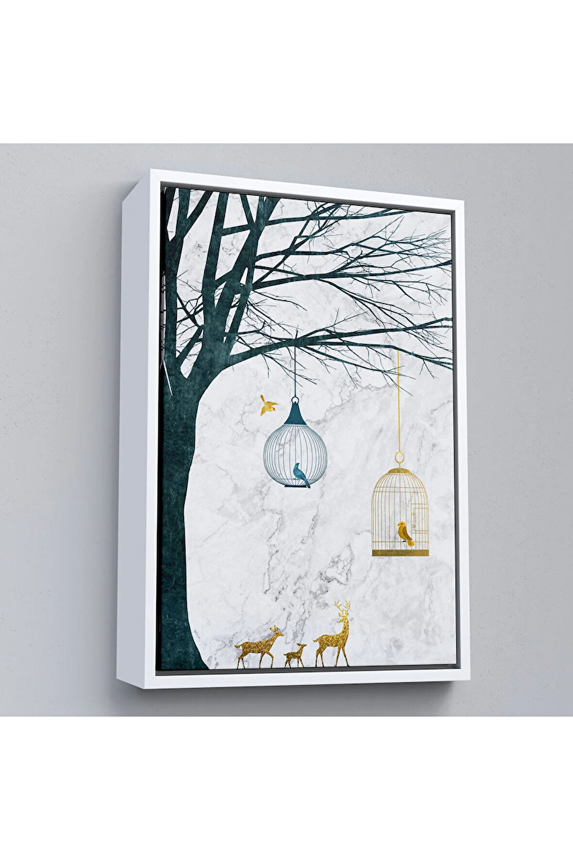 Ahşap Çerçeveli Geyikler Ve Kafesteki Kuşlar Tablosu-7918
