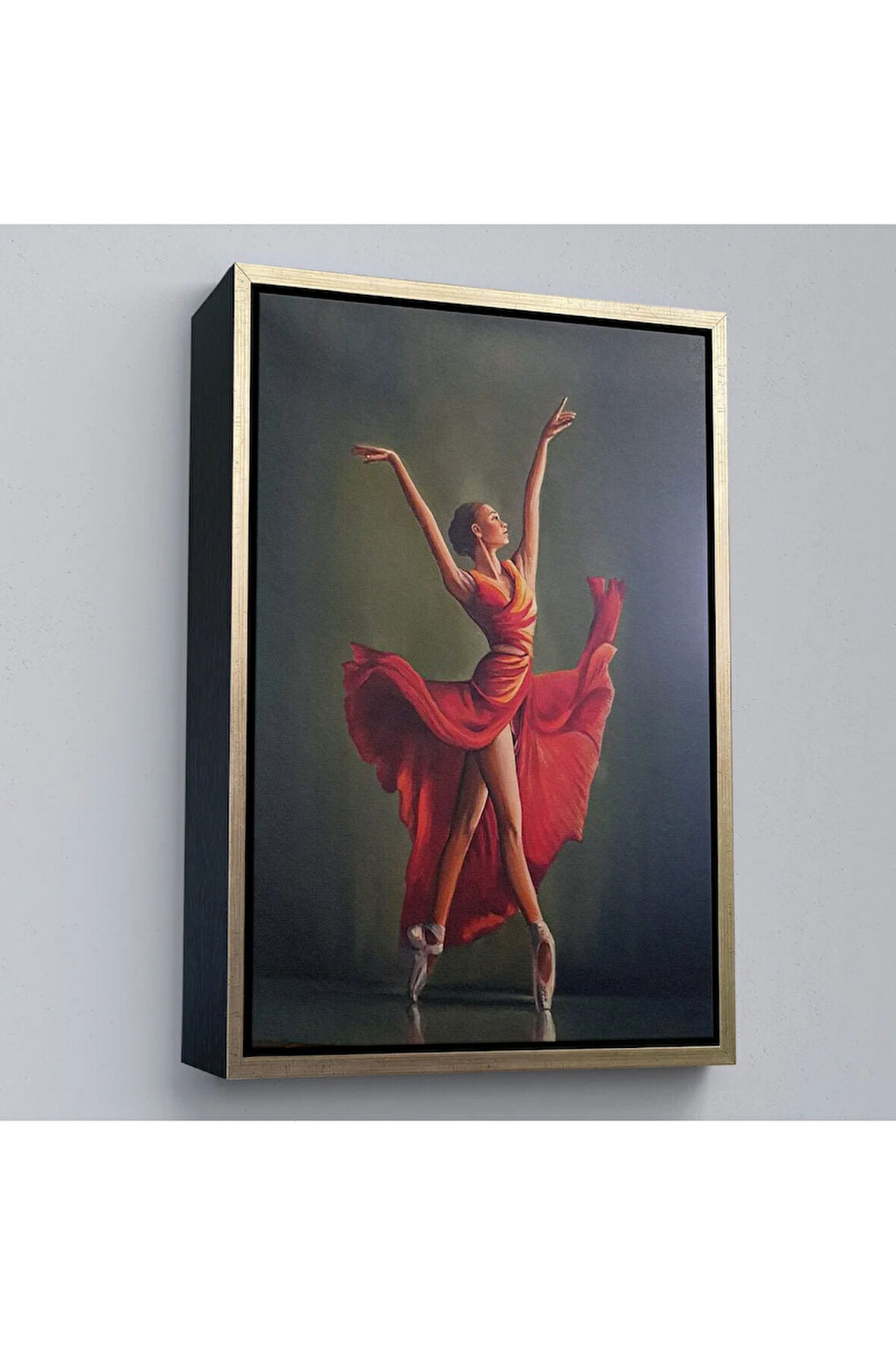 Ahşap Çerçeveli Kırmızı Kıyafetli Bale Yapan Kadın Tablosu-7951