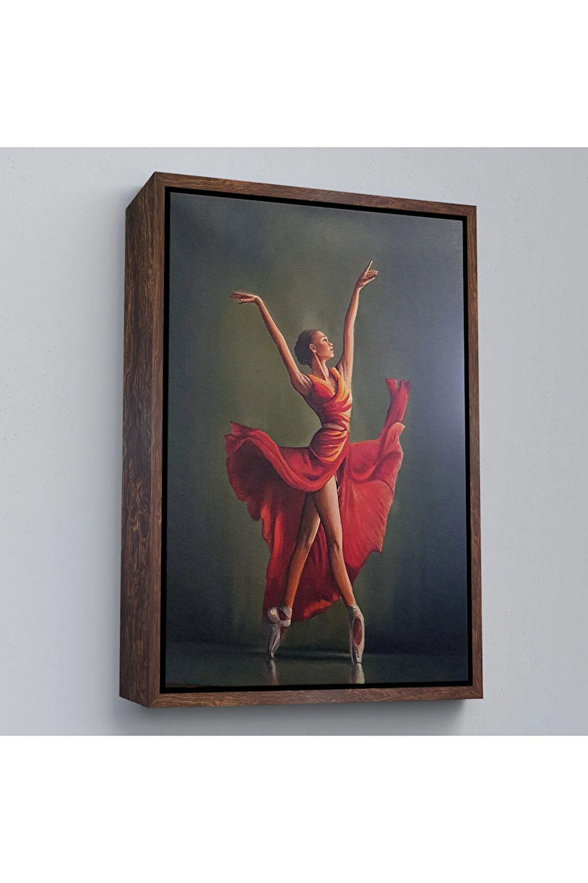 Ahşap Çerçeveli Kırmızı Kıyafetli Bale Yapan Kadın Tablosu-7951